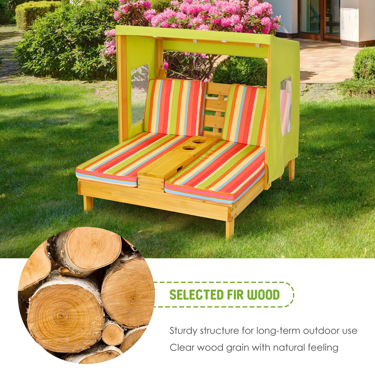 Costzon Kids Lounge Chair Outdoor, Wood Double Seat Chaise Lounge with Canopy, Cup Holders, Cushion, Backrest Recliner, Kids Patio Furniture, Gift for Boys Girls 3-8 Years Old