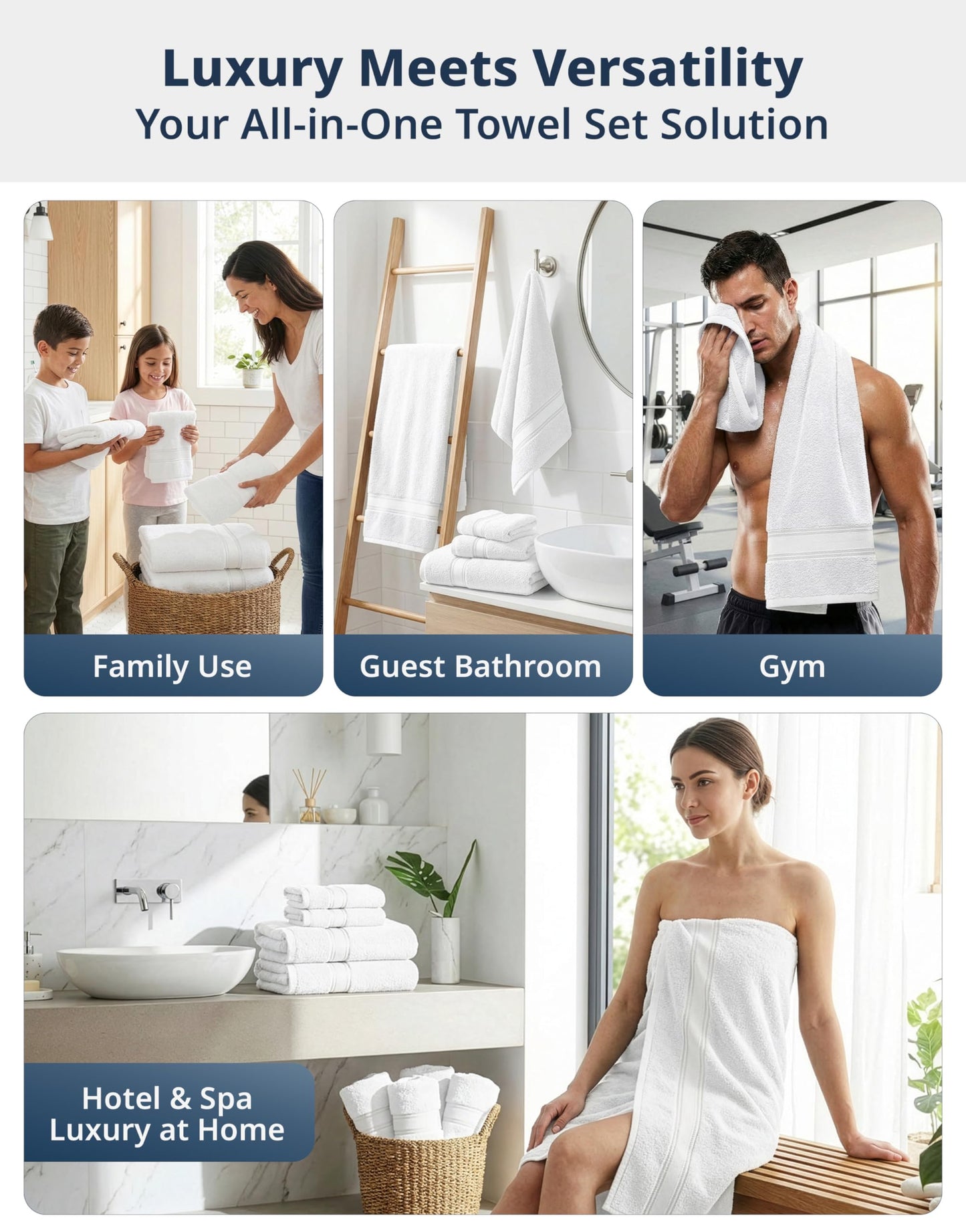 LANE LINEN Towel Set of 18 – Premium 100% Cotton, Zero Twist, 6 Large Bath Towel, 6 Hand Towels & 6 Wash Cloths, Quick Dry & Long-Lasting, Perfect for Family Bathrooms, Easy Care – White Towels