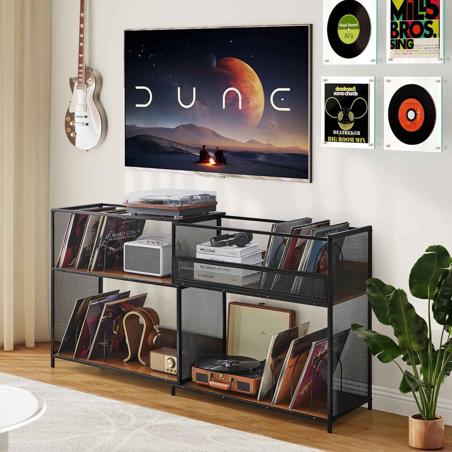 MAHYIZYI Record Player Stand with Vinyl Storage Cabinet, Stretchable 32-63'' Turntable Table Open Shelf Up to 450 Albums, Cube Storage Organizer for Living Room, Music room