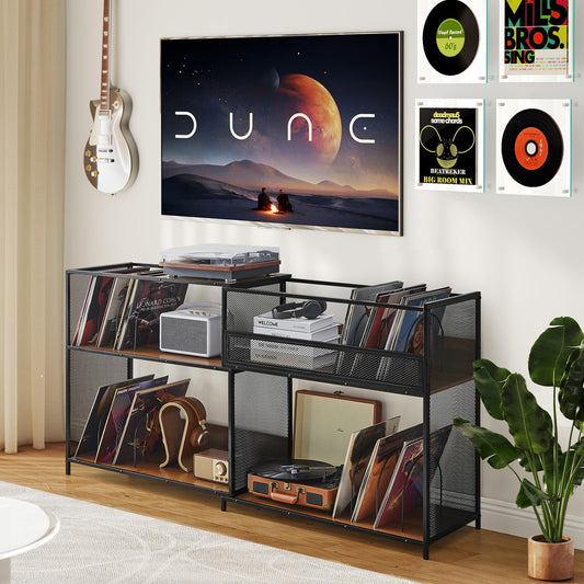 MAHYIZYI Record Player Stand with Vinyl Storage Cabinet, Stretchable 32-63'' Turntable Table Open Shelf Up to 450 Albums, Cube Storage Organizer for Living Room, Music room