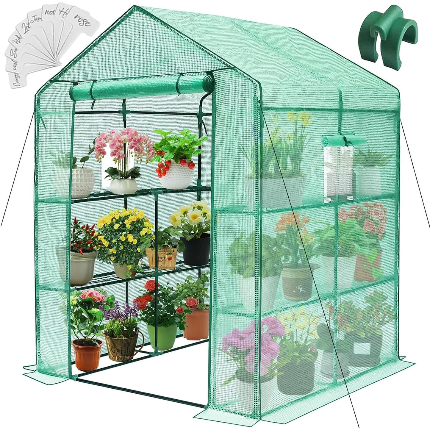 Greengro Greenhouse, 57 x 57 x 76'' Greenhouses for Outdoors, Portable Greenhouse Kit with Mesh Side Windows, PE Cover, 8 Shelves, Heavy Duty Walk in Green House for Backyard Garden Indoor Outside