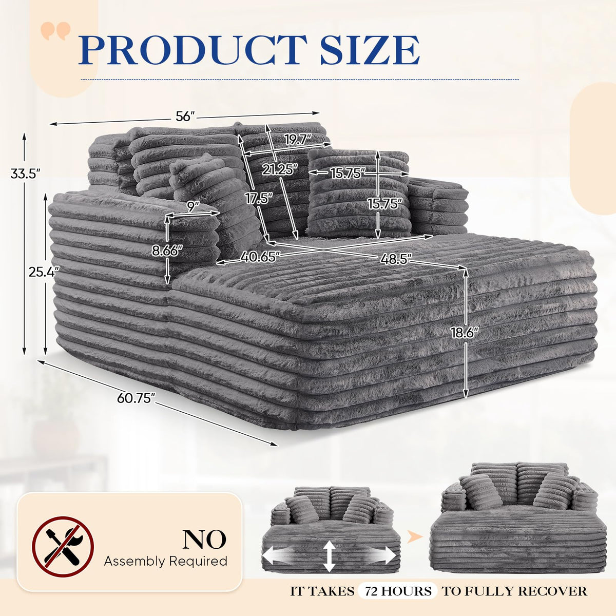 60.75" Oversized Chaise Lounge Indoor, Modern Plush Faux Fur Fabric Deep Seat Boneless Memory Foam Sleeper Chaise Lounge Sofa Chair with Pillows for Living Room Bedroom Studio, No Assembly Couch, Grey