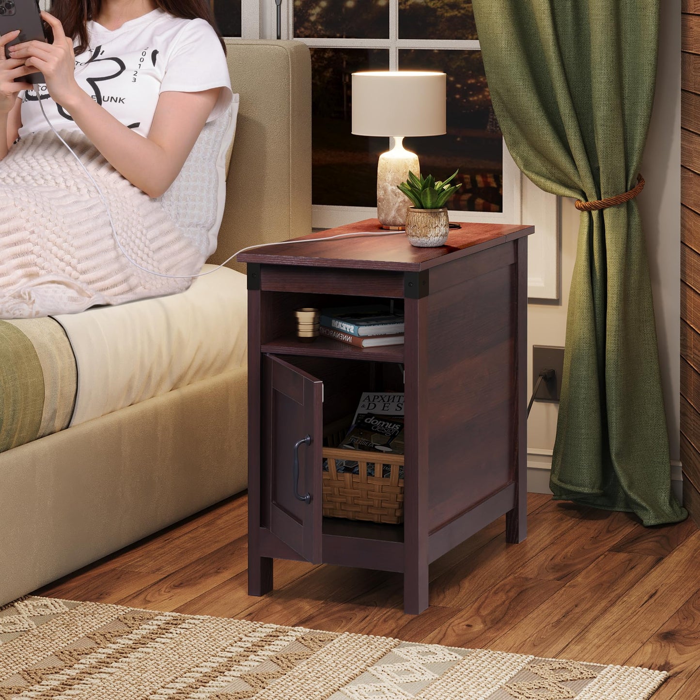 WLIVE End Table with Charging Station, Narrow Side Table for Living Room, Farmhouse Night Stand with Storage, Small Wooden Nightstand with USB Ports and Outlets for Living Room and Bedroom, Espresso