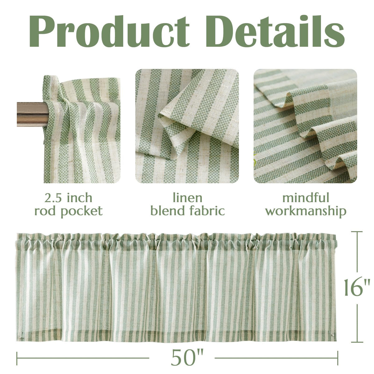 jinchan Linen Boxter Stripe Valances for Window 16 inch,Sage Green,1 Panel