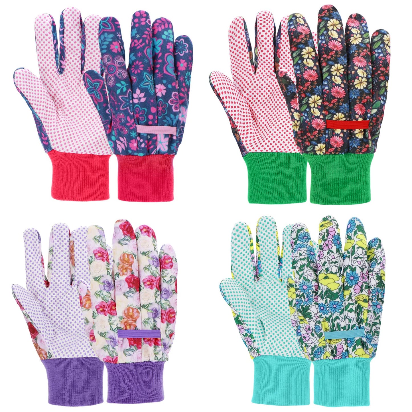 JUMPHIGH 4 Pairs Garden Gloves for Women, Floral with Non-Slip PVC Dots, Ladies Soft Breathable Yard Work Light Working Gloves, Elastic Knit Wrist, Large