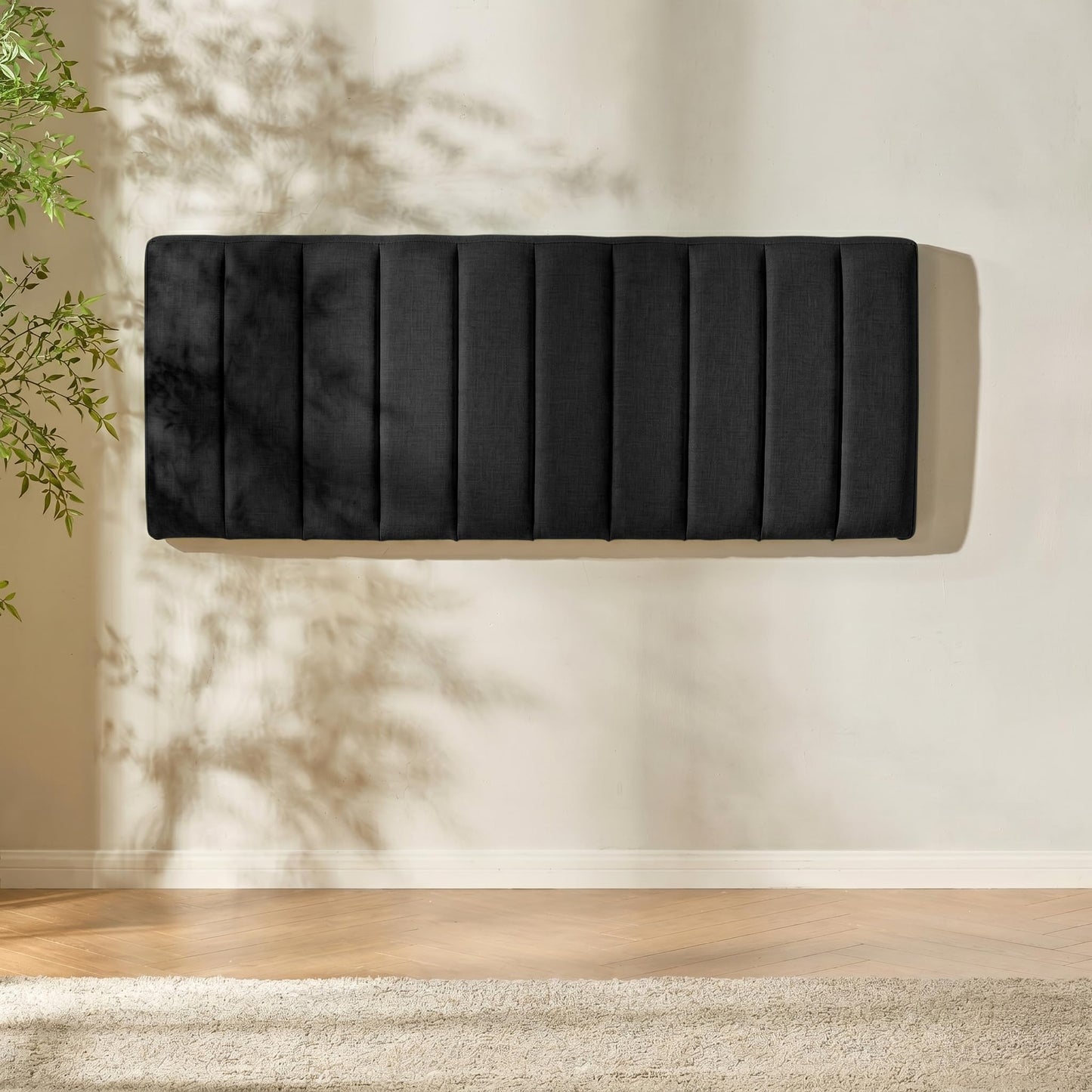 Hearth & Harbor Upholstered Full Headboard - Easy Assemble Channel Stitched Headboard Full Size - Wall Mounted Headboards with 3D Soundproof Wall Panels Peel & Stick Floating Headboards, Black