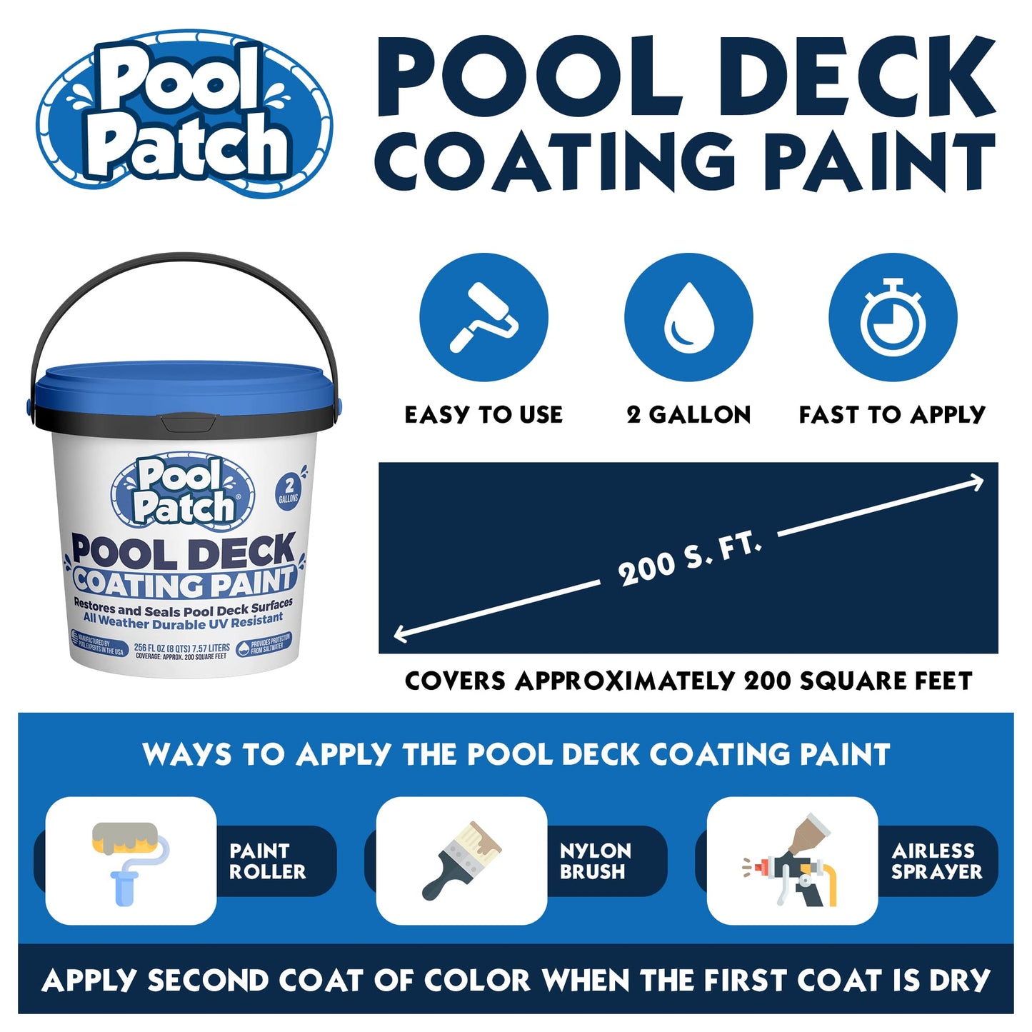 Pool Patch Pool Deck Paint Coating 2 Gallon - UV Resistant Cool Coating for Pool Decks - Roll or Spray Concrete Paint That Restores, Repairs, and Seals Cool Deck Surfaces - Covers 200 SF of Decking