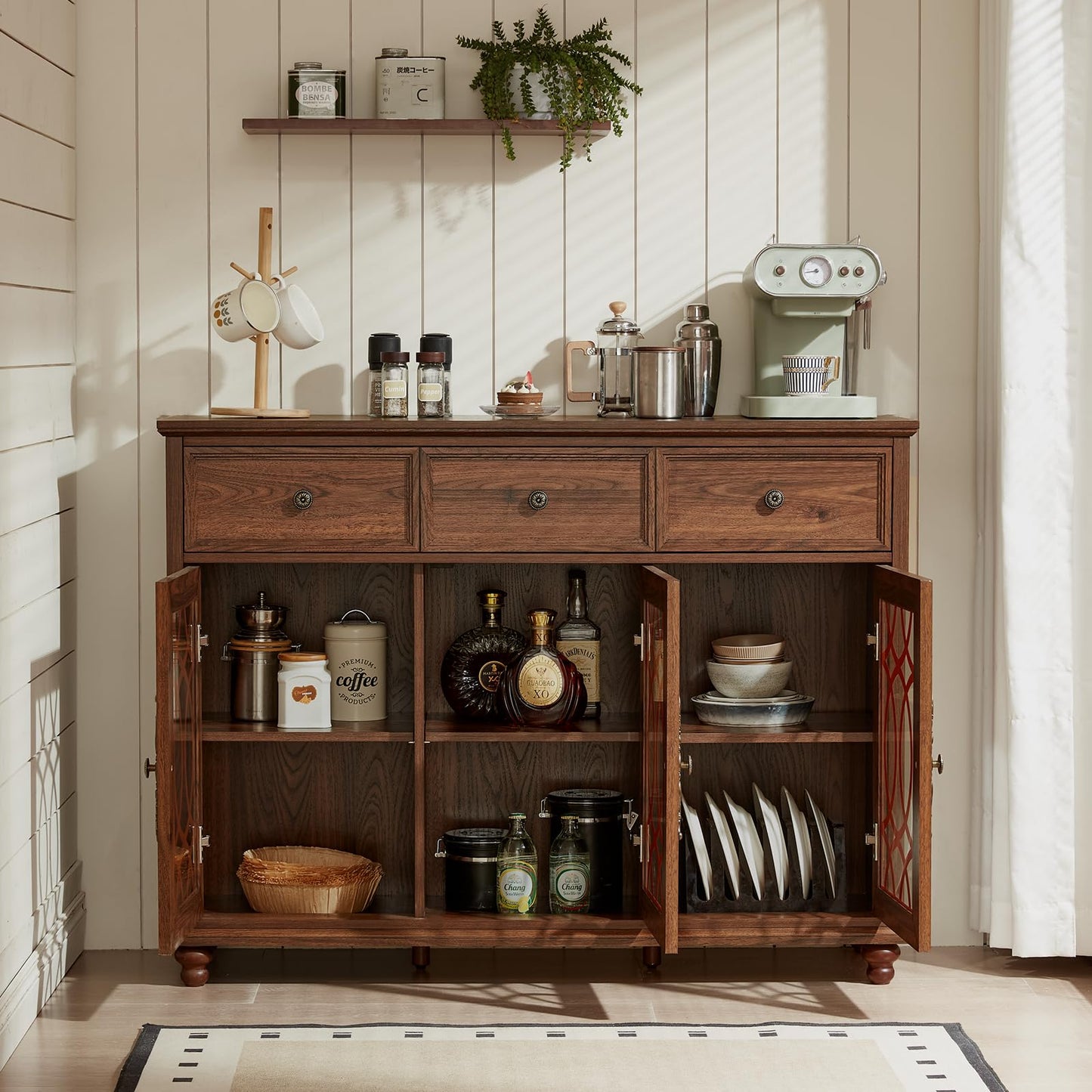Joaxswe Farmhouse Sideboard Buffet Cabinet with Storage,48" Large Credenza with 3 Glass Doors & 3 Drawers,Adjustable Shelves Console Table,Wood Kitchen Coffee Bar for Dining Room,Living Room,Brown