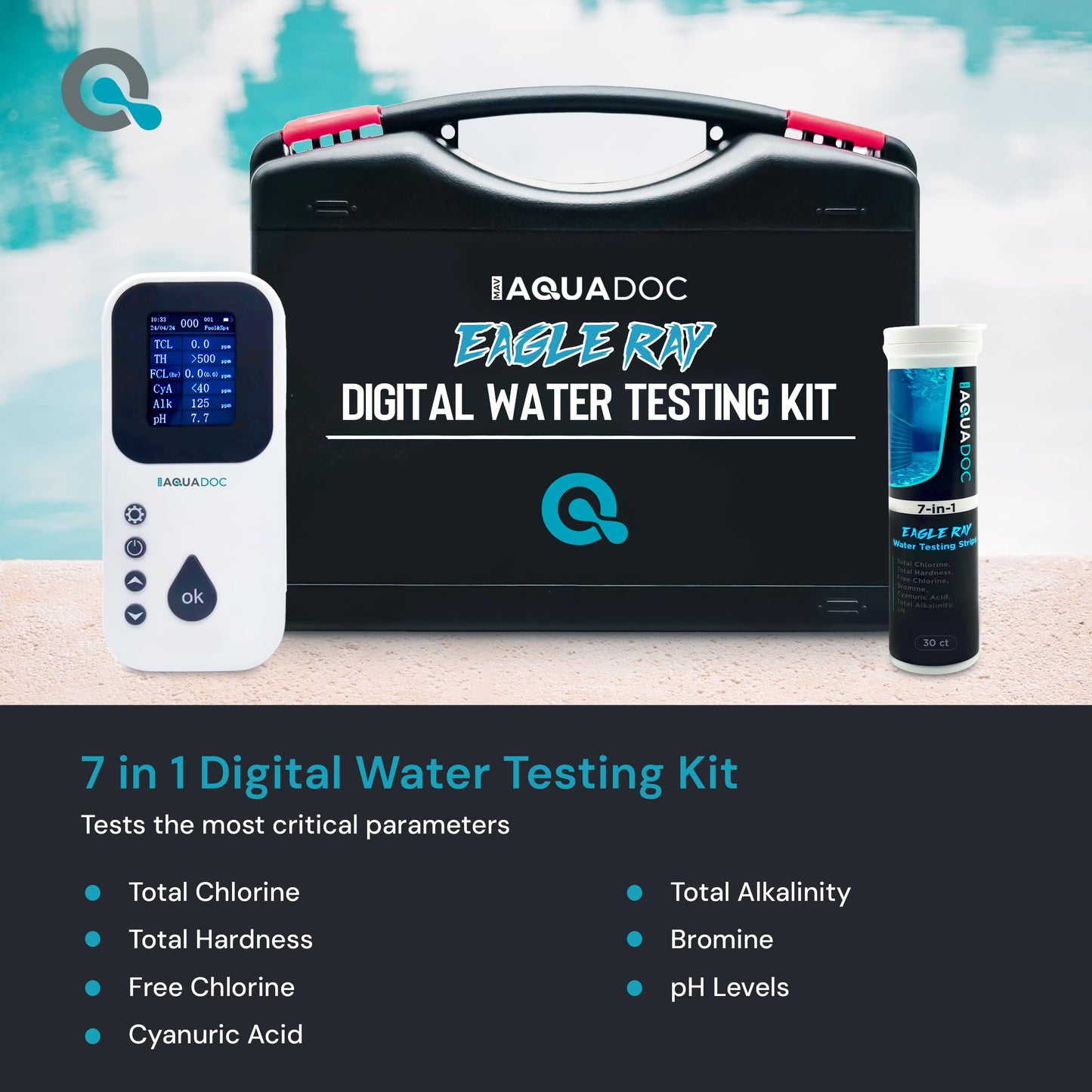 Eagle Ray Digital Water Test Kit for Pool & Spa by AquaDoc with Digital Water Tester and 30 Pool & Hot Tub Test Strips for Chlorine, Bromine, Total Hardness, Cyanuric Acid, Alkalinity and pH