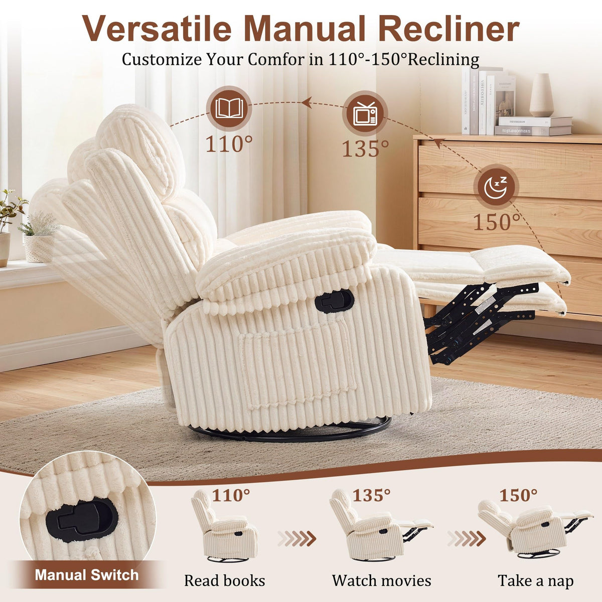 Korser Rocking Recliner Chair, Nursery Rocker Chair for Adults, Small Recliners for Small Spaces, Swivel Rocker Recliner with Cushion, Upholstered Rocking Chairs for Living Room, RV, Corduroy