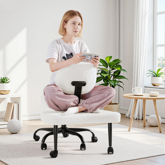 GUNJI Ergonomic Criss Cross Legged Office Chair, 360° Swivel Meditation Kneeling Chair with Wheels, ADHD Chair with Footrest, Lumbar Support, Wider Height Adjustable Seat (White, Teddy Fleece)