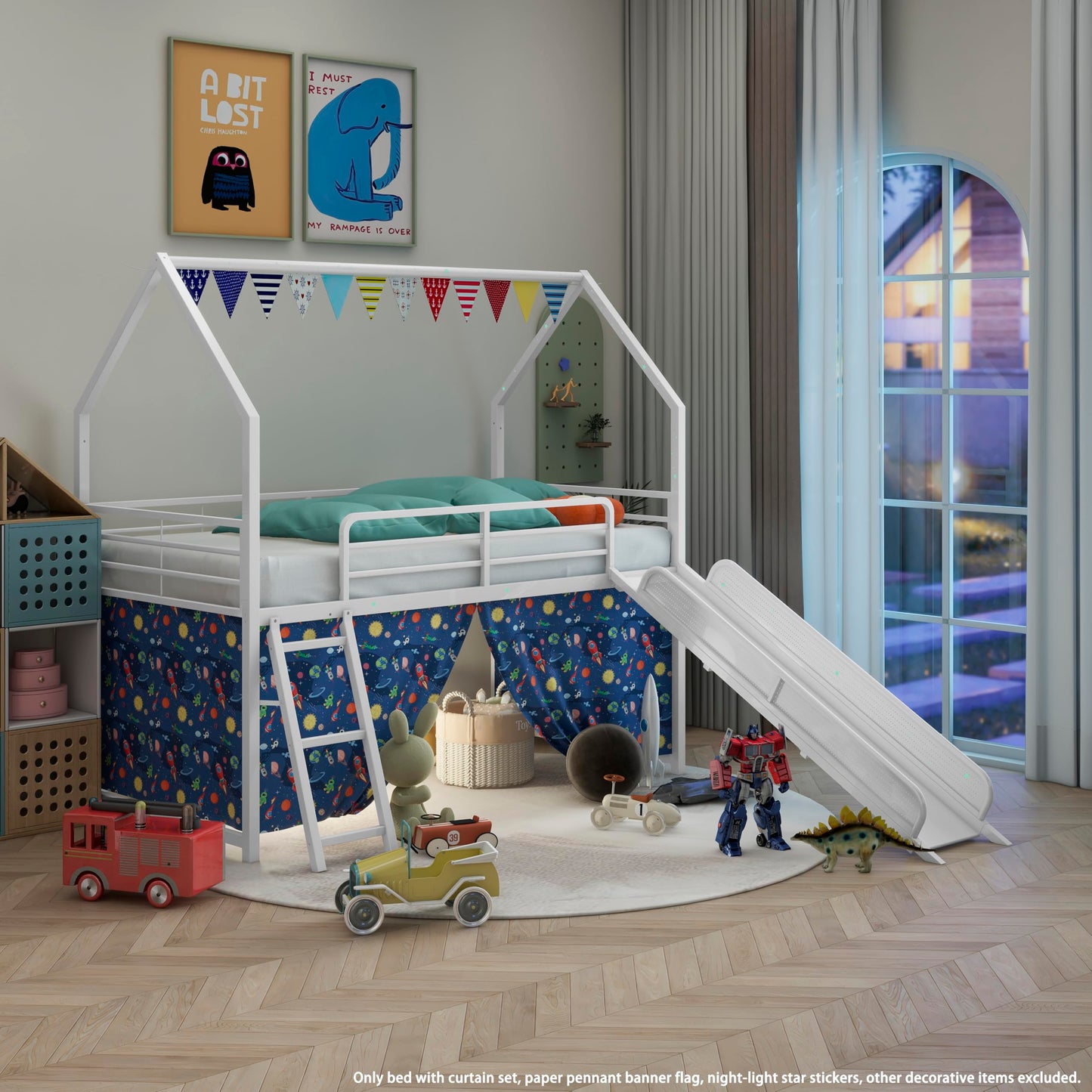 Metal Junior House Twin Loft Bed with Slide and Curtain Set and Pennant Banner Flag and Star Stickers, White with Blue