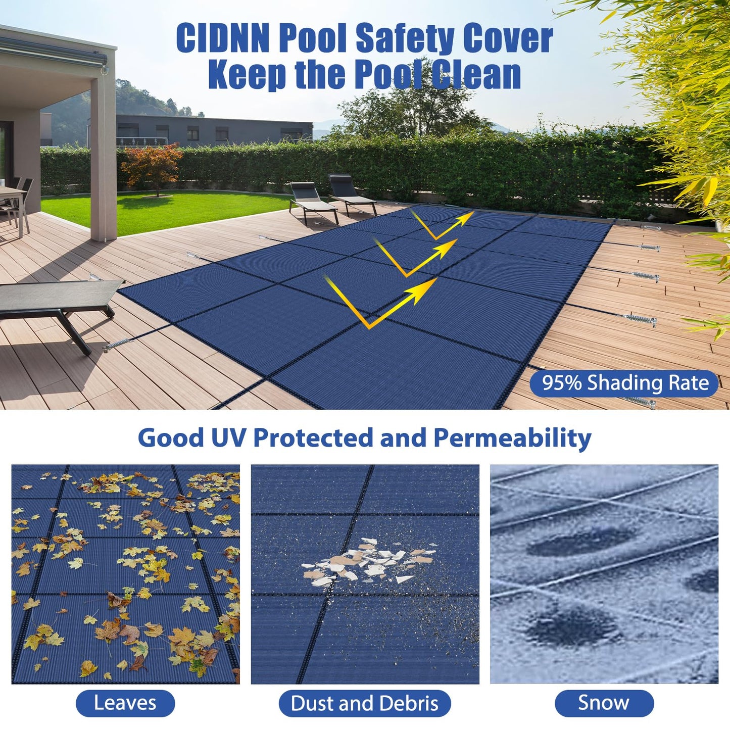 Inground Pool Cover Safety Fits Rectangle Swimming Pool, Mesh Solid Pool Cover for Inground Pools,Winter Pool Safety Cover Includes Safety Net and Installation Tools Blue (Blue, Fits 16x32ft Pools)