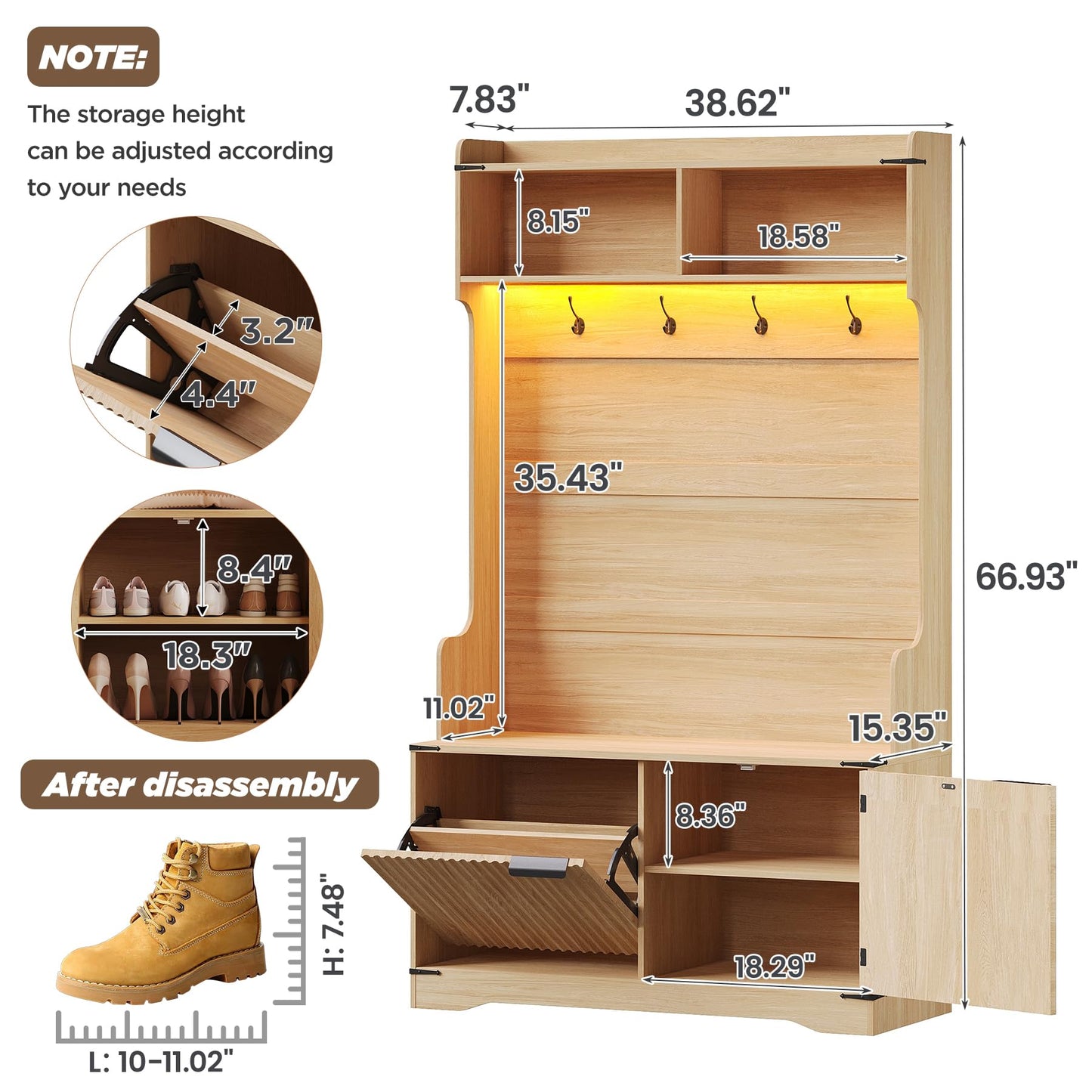 Maupvit Farmhouse Hall Tree with Bench and Shoe Storage, 4 Coat Rack with Shoe Storage Cabinet, 5-in-1 Entryway Organizer with Led Lights, Adjustable Shelves & Flip Drawers, Mudroom Seat Stool, Oak