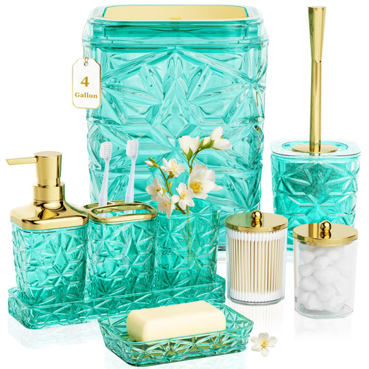 Bathroom Accessory Set, 9-Piece Teal Bathroom Set with Trash Can, Toilet Brush, Soap Dispenser, Soap Dish, Toothbrush Holder, Tumbler, Q-tip Holders & Tray, for Hotel/Apartment, Housewarming Gift