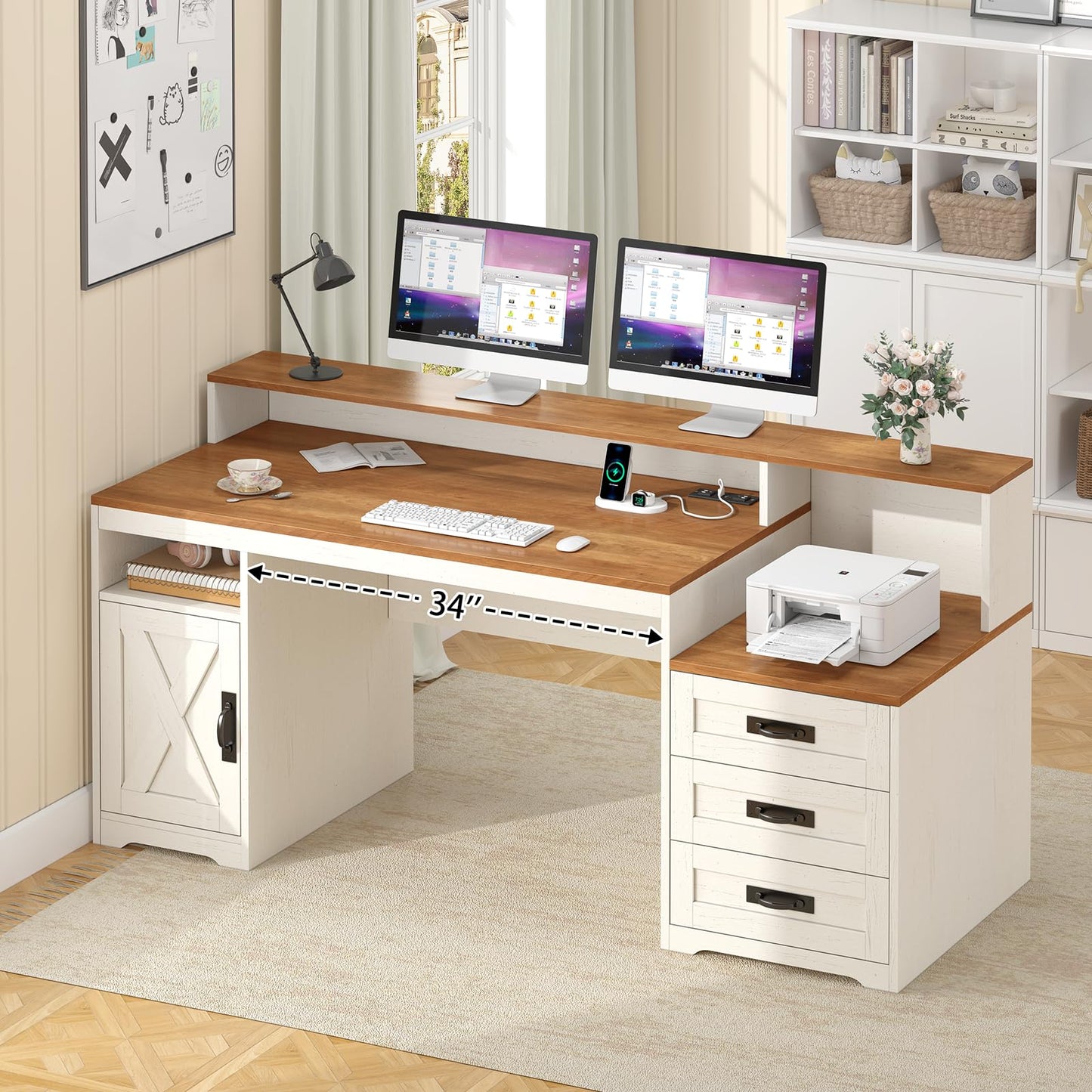 TVU Farmhouse Computer Desk with Drawers, 65'' Home Office Desk with Power Outlets, Storage Cabinet and Printer Stand, Study Writing Desks with Long Monitor Stand, Brown and White