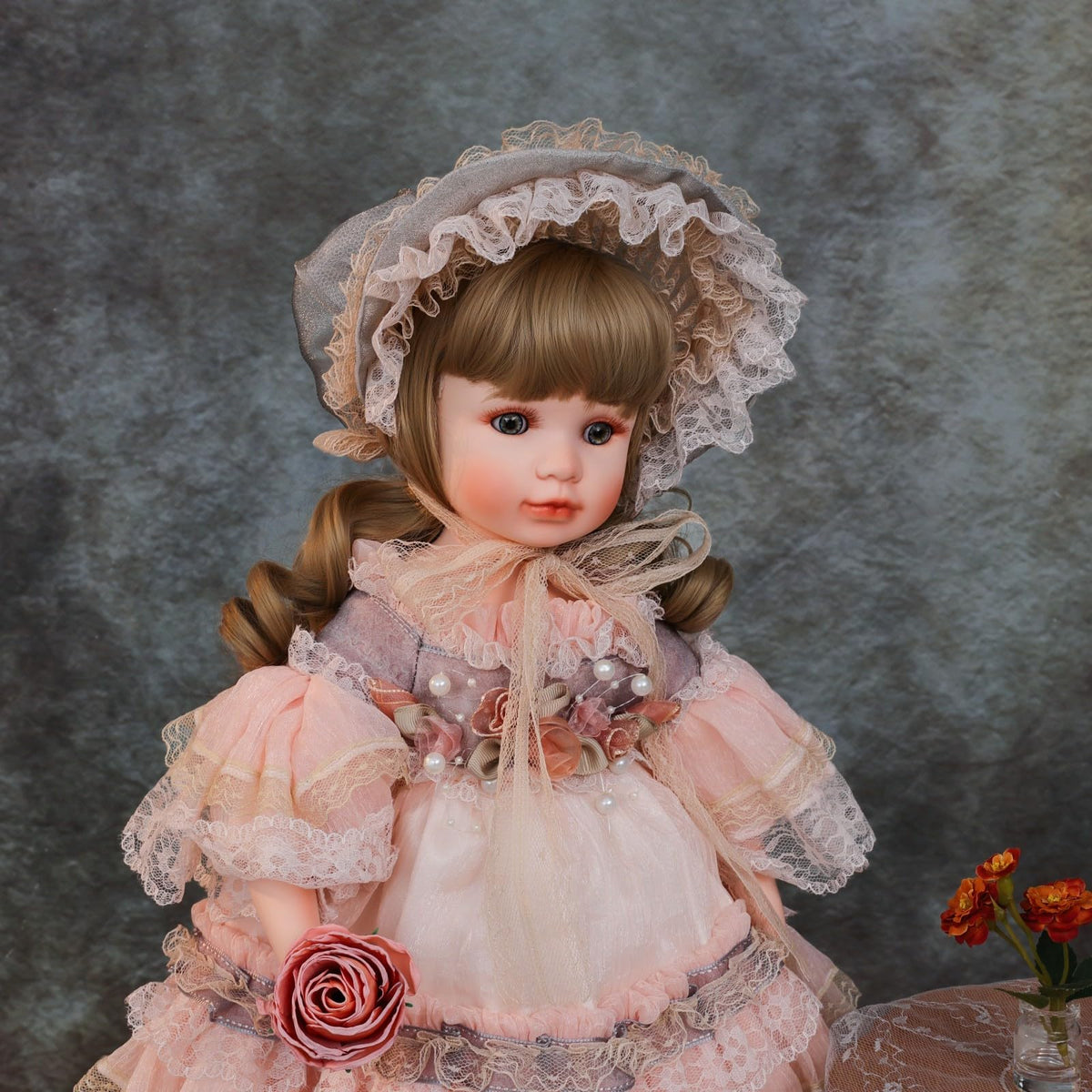 Cloveray 18 Inch Kawaii Porcelain ＆ Fabric Doll Cute European Retro Handmade Ceramic Doll with Showing Stand for Room Decor, Birthday Gifts, Collectible ，Name Olivier (Pink)