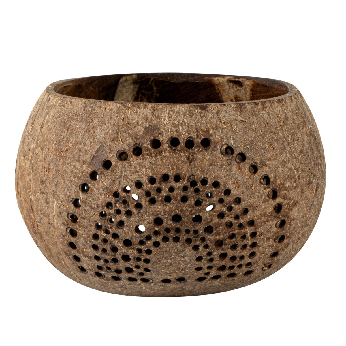 Restaurantware-Coco Casa 4 x 3.3 Inch Coconut Shell Candle Holders, 1 Reusable Tealight Holders - Candle Not Included, Rainbow Pattern, Tan Coconut Bowls For Candles, Handcrafted