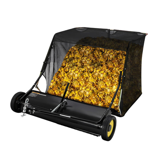 44" Pull Behind Lawn Sweeper, Large Capacity 26 Cu. ft. Leaf & Grass Collector with Adjustable Brush Height, Foldable Design, Dumping Rope for Picking Up Grass and Debris