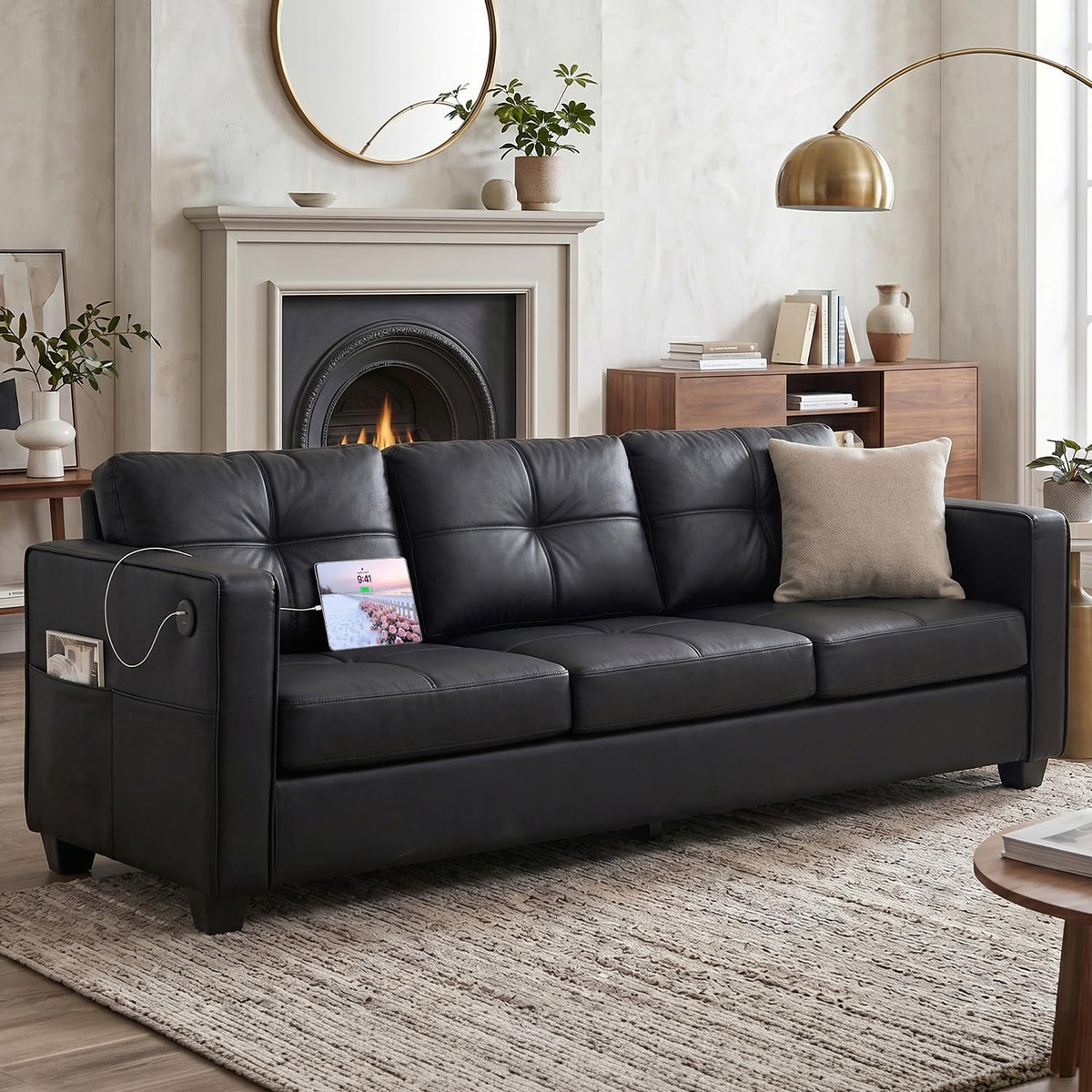 88'' Black Faux Leather Couch w/ Charging, 3 Seater Living Room Office Sofa