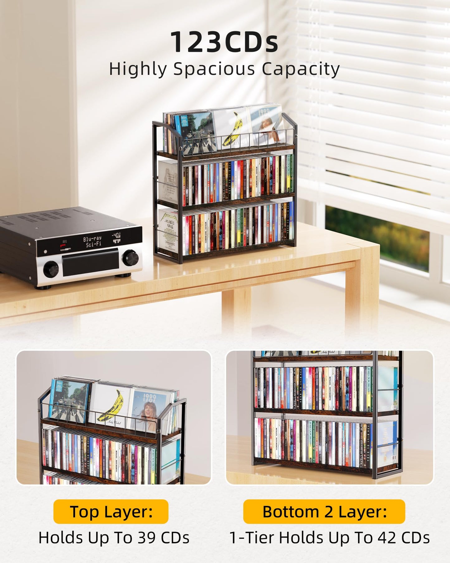 PAPAGIFTREE 3-Tier CD Holder, CD Storage and Rack for Display, Storage Organizer with Display Top Shelf, Premium Holder Shelf for Home, Office and Kitchen Counter Organizer Rack, Holds 123 CDs