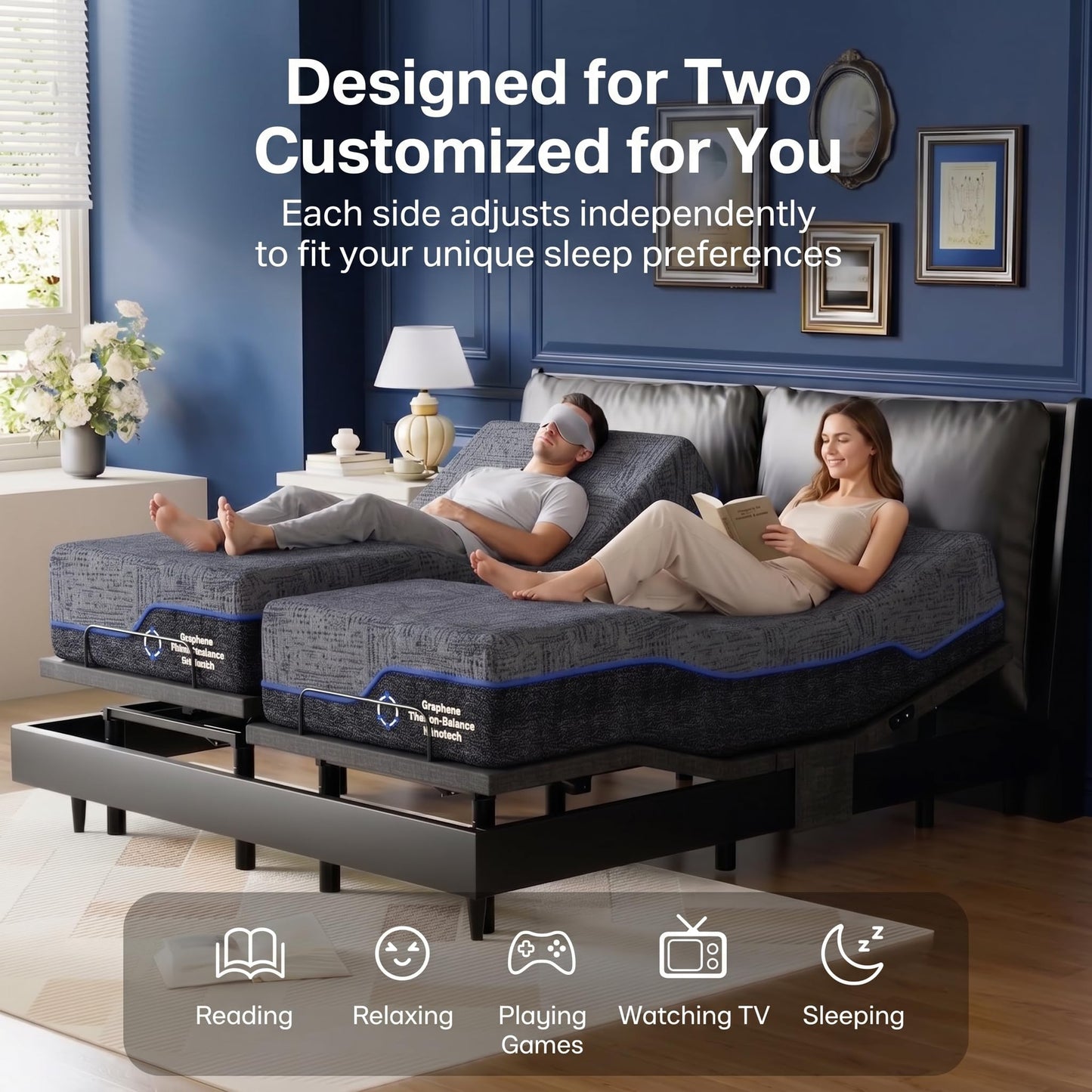 Marsail Queen Adjustable Bed Frame with Massage, Electric Adjustable Bed Base with Head & Foot Incline, Quiet Motor Adjustable Bed Frame with USB Ports, LED Light, Height-Adjustable Legs