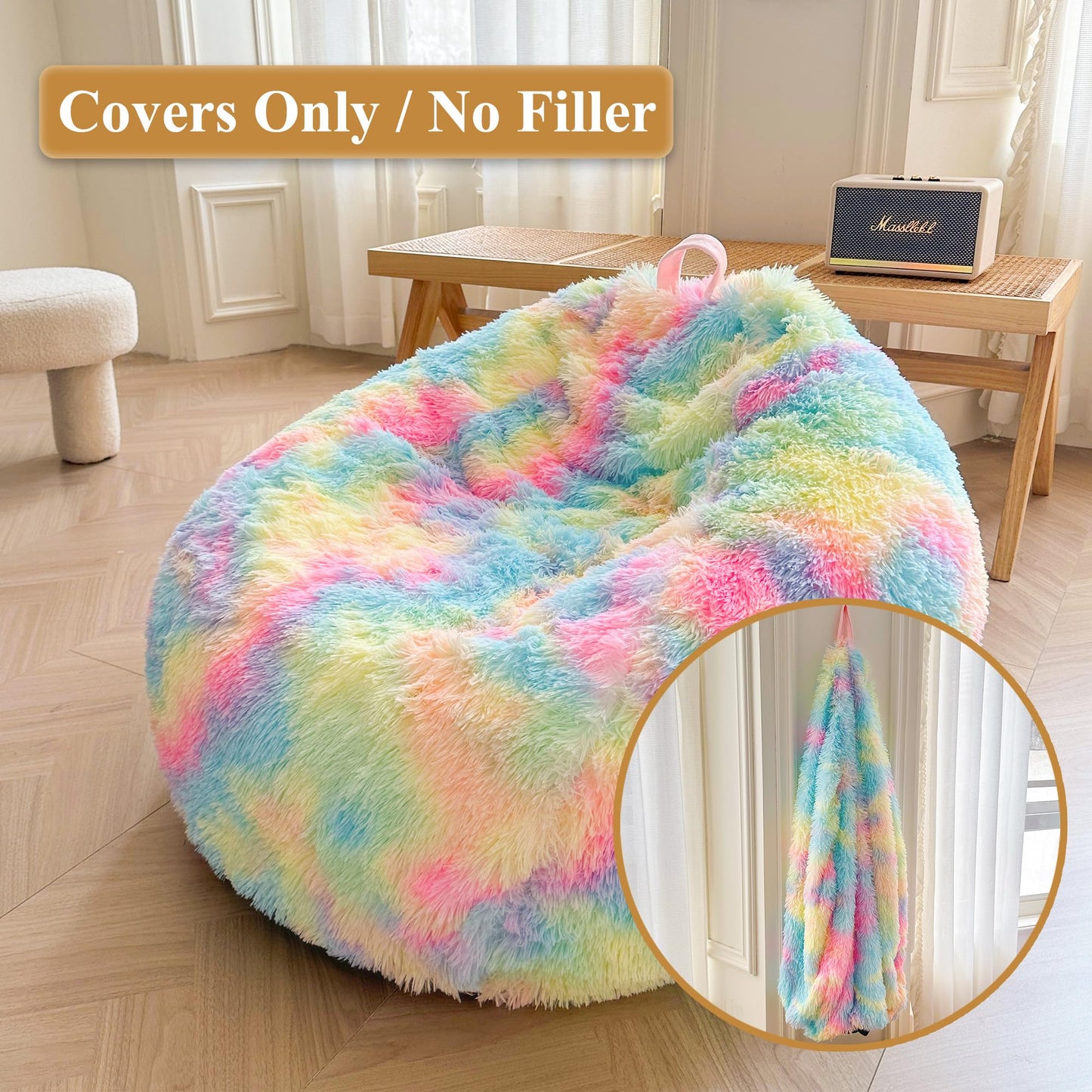 XeGe Faux Fur Comfy Bean Bag Cover(No Filler) for Living Room, Tie Dye Fluffy Stuffed Animal Storage Bean Bag Chair Cover, Furry Fuzzy Bean Bag Cover for Adults Teens Kids Girls, Anti-Slip, Rainbow