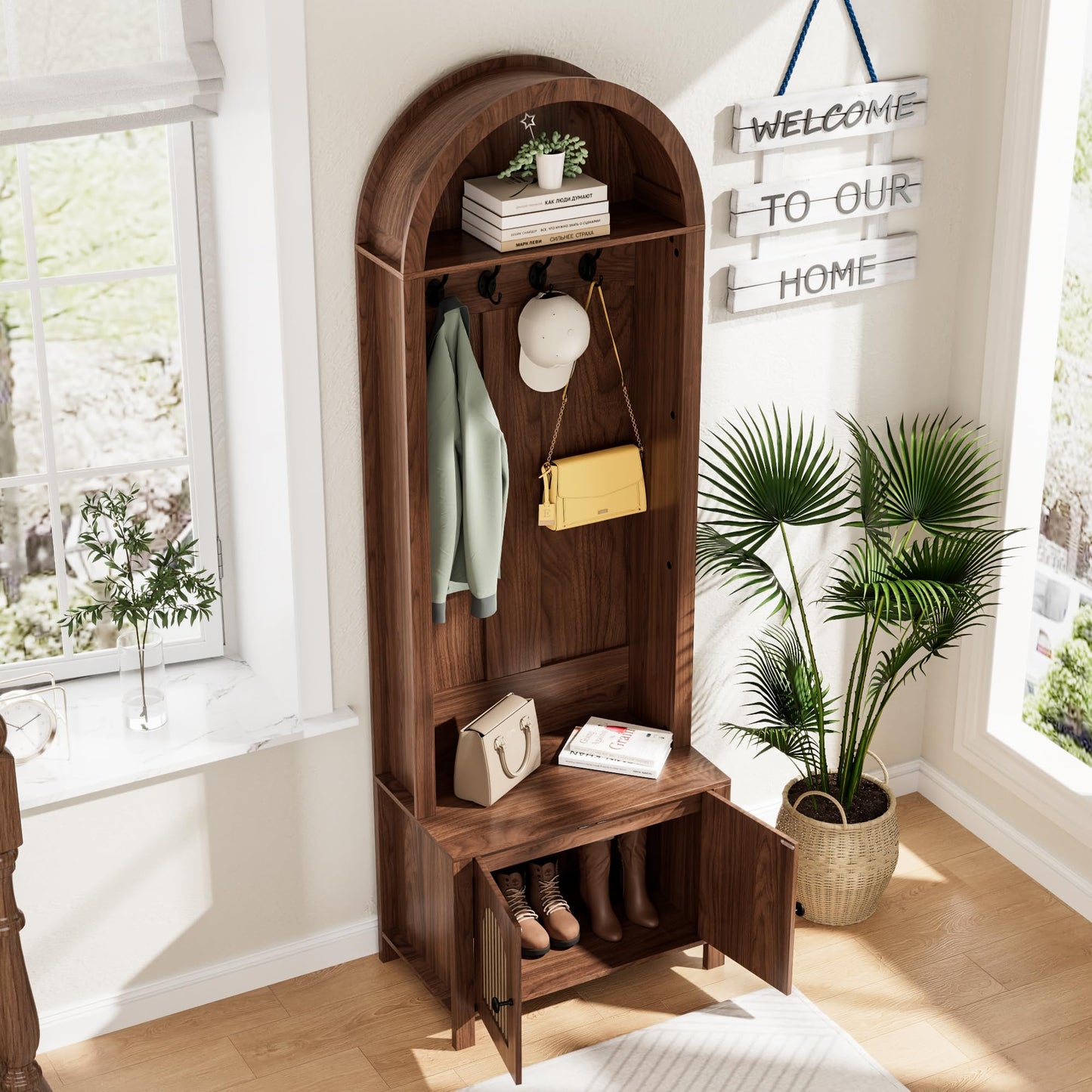Hall Tree with Bench and Shoe Storage, Entryway Storage Bench with Coat Rack, 70.9"Arch Coat Rack with 4 Hooks and 2 Fluted Doors, Farmhouse Style Furniture Organizer for Hallway (Walnut, 23.7"W)