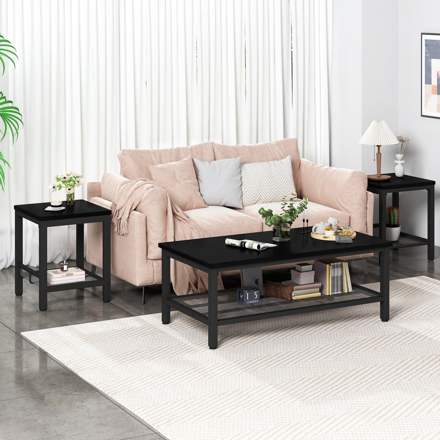 furlinkhm Coffee Table Set of 3, Industrial Coffee Table with 2 Square End Side Tables, Modern Living Room Table Set, with Metal Frame, for Apartment Home Office, Black