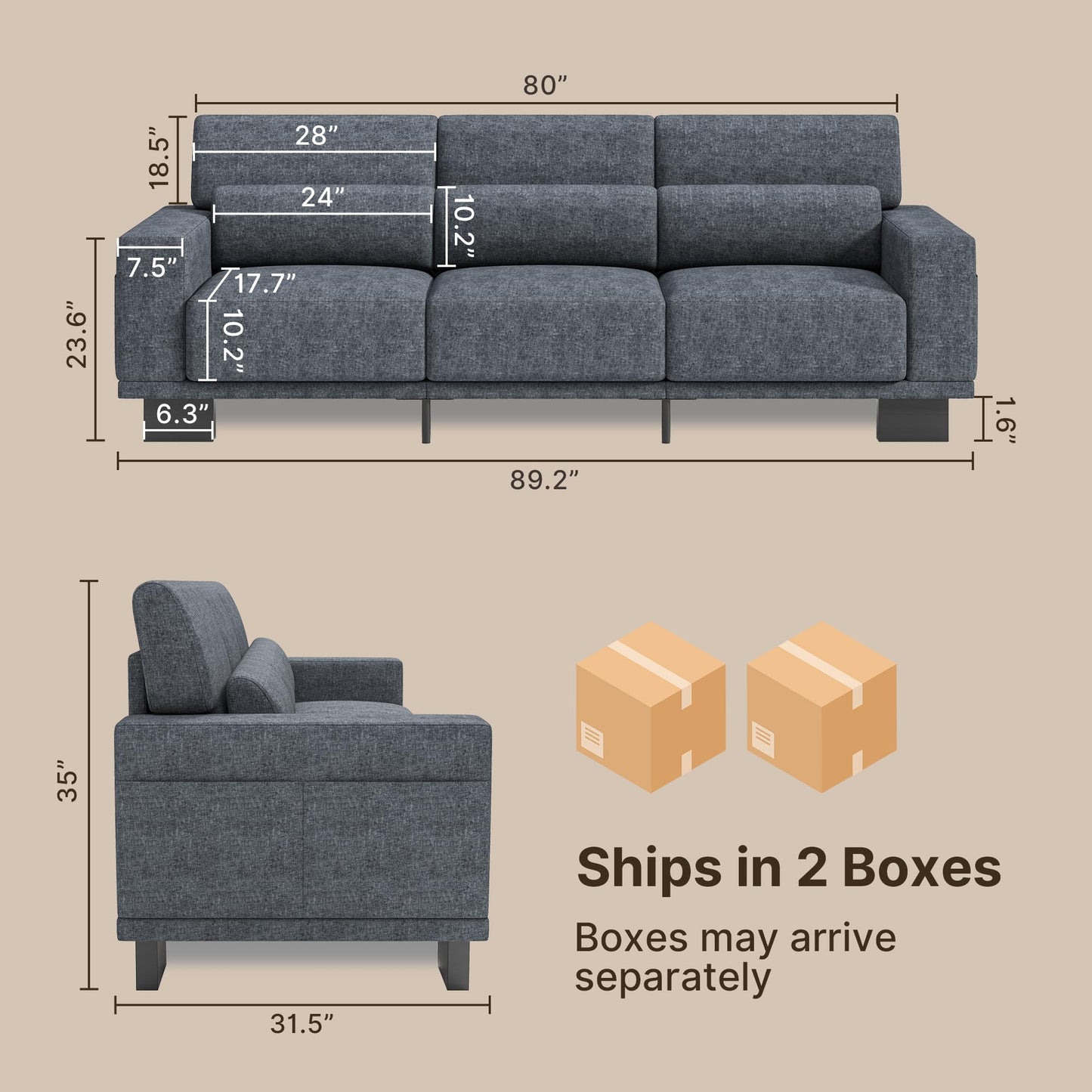Gizoon 89 Inch Modern Sofa, 3-Seater Chenille Couch with Wide Armrests & Deep Cushions, for Living Room, Bedroom and Apartment, Dark Grey