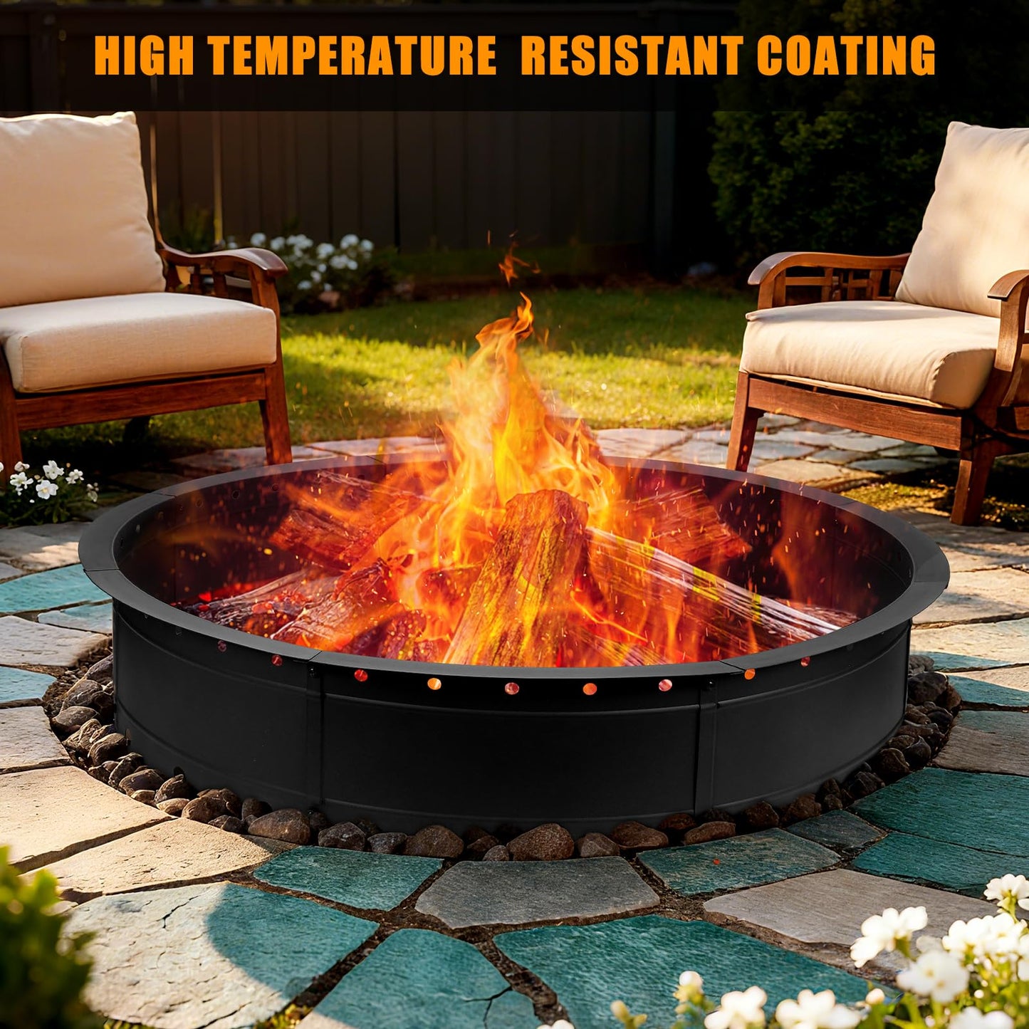 Zzuvjoy 36 Inch Fire Pit Ring, Large Outdoor Campfire Pit for Patio Backyard Garden, Smokeless Steel Firepit with Air Vent for Efficient Burning & Anti-Rust Coating, Black Steel