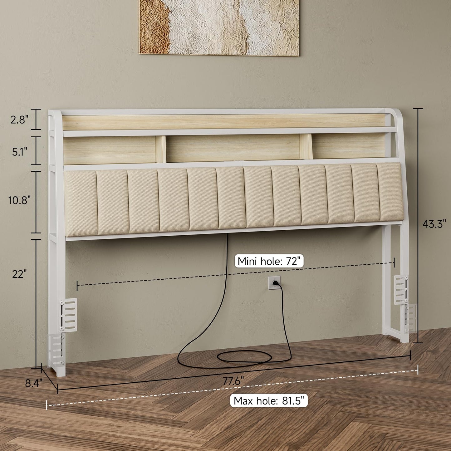 Lefurture King Headboard Only with Storage, Upholstered Headboards for King Size Bed with LED Light, Charging Station, Height Adjustable, Sturdy and Stable Headboard, Off White