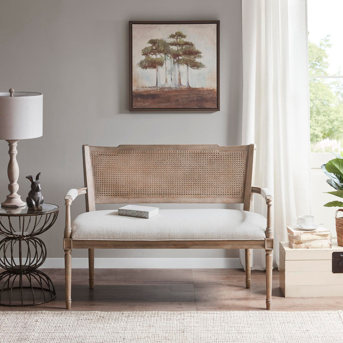 Madison Park Willshire Natural Rattan Settee, Upholstered Seat - Charming Country Design, Rustic Reclaimed Wood Finish, Ratan Insert Backrest & Padded Arm Rest, 47.25" Wide Beige/Reclaimed Natural