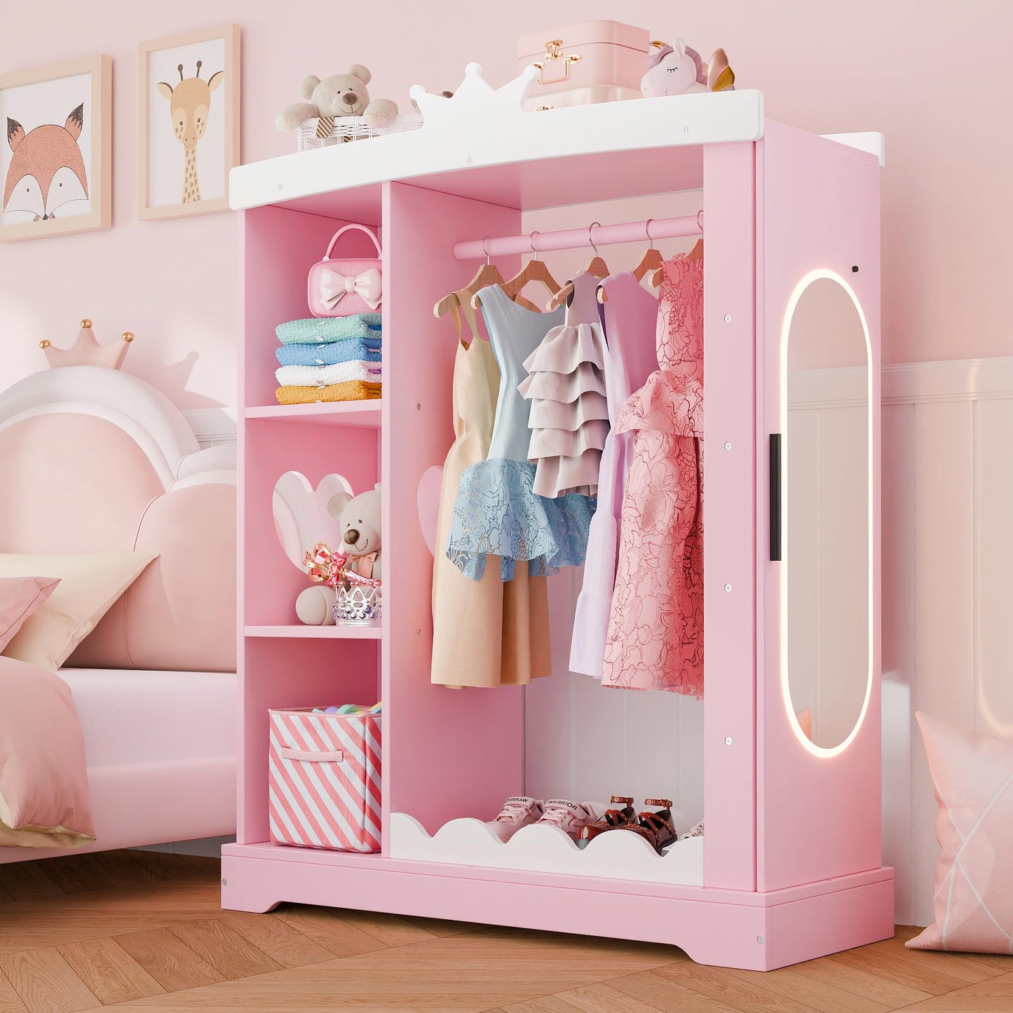 Xilingol Kids Armoire with Jewelry Cabinet, Dress up Storage with Mirror and Shelves, Princess Dress Closet and Costumes Wardrobe Closet, Costume Organizer for Bedroom, Kids Room, Girls (Pink)