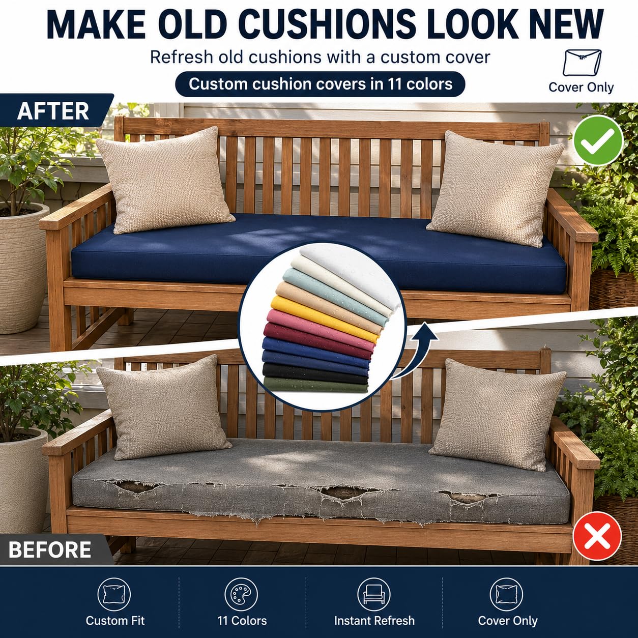 Custom Size Waterproof Cushion Covers with Zipper, Made to Measure Outdoor Patio Furniture Cushion Cover Replacement, 600D Oxford Bench Chair Sofa Seat Slipcover, Cover Only, Any Size & Shape