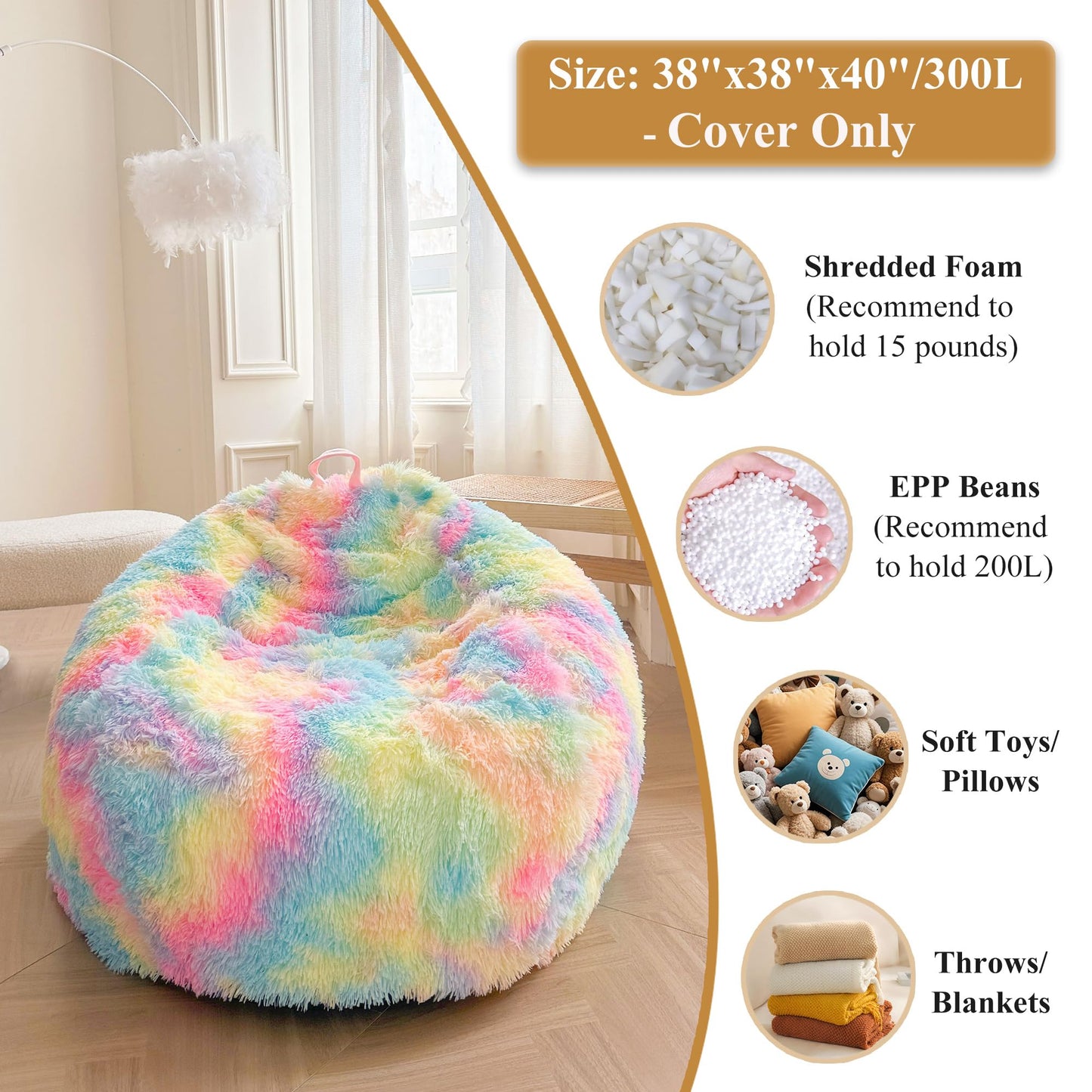XeGe Faux Fur Comfy Bean Bag Cover(No Filler) for Living Room, Tie Dye Fluffy Stuffed Animal Storage Bean Bag Chair Cover, Furry Fuzzy Bean Bag Cover for Adults Teens Kids Girls, Anti-Slip, Rainbow