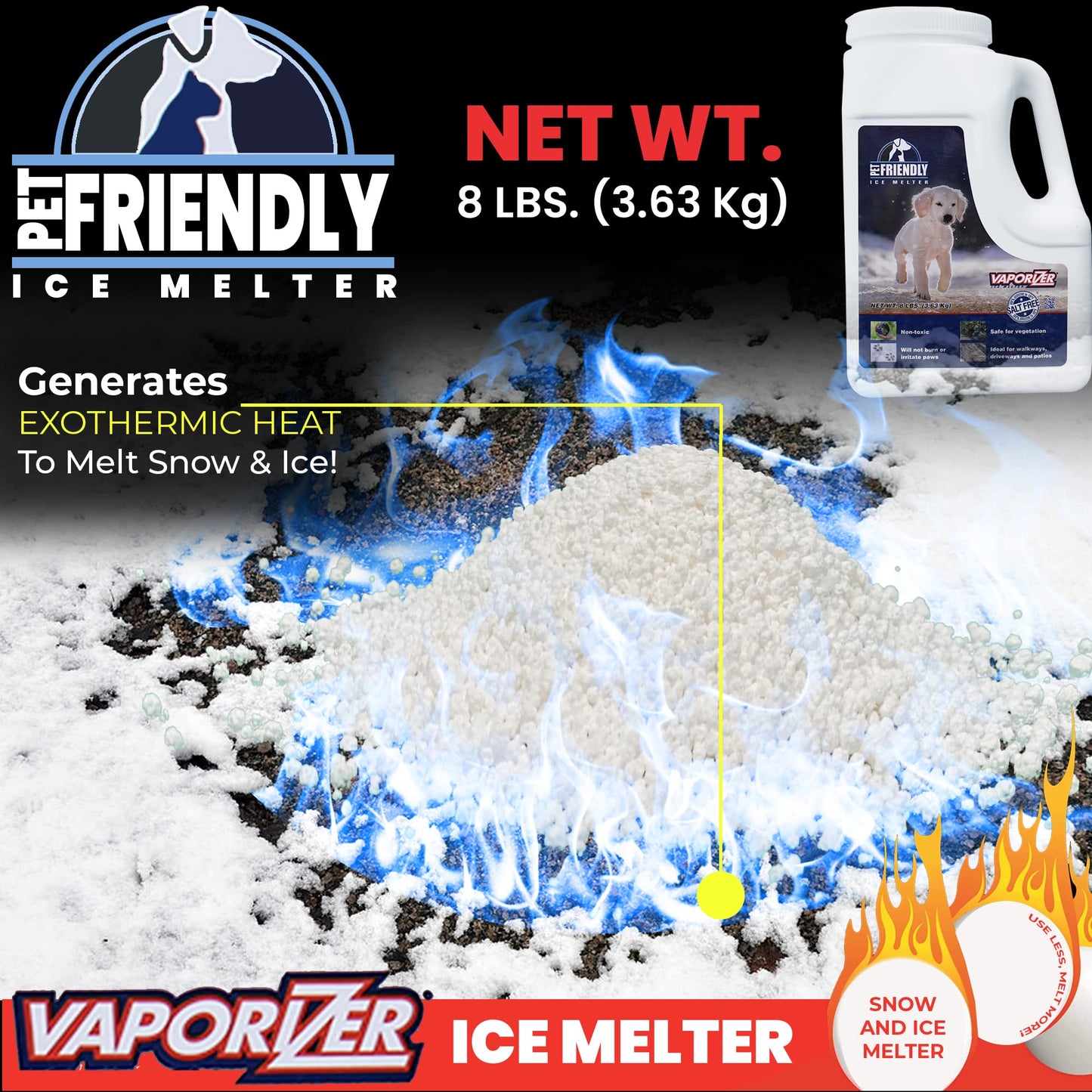 Snow & Ice Melter Pet Safe & Paws 100% Salt Free - Safe for Dogs & Cats - Effective to -25°F 8lb Shaker Jug