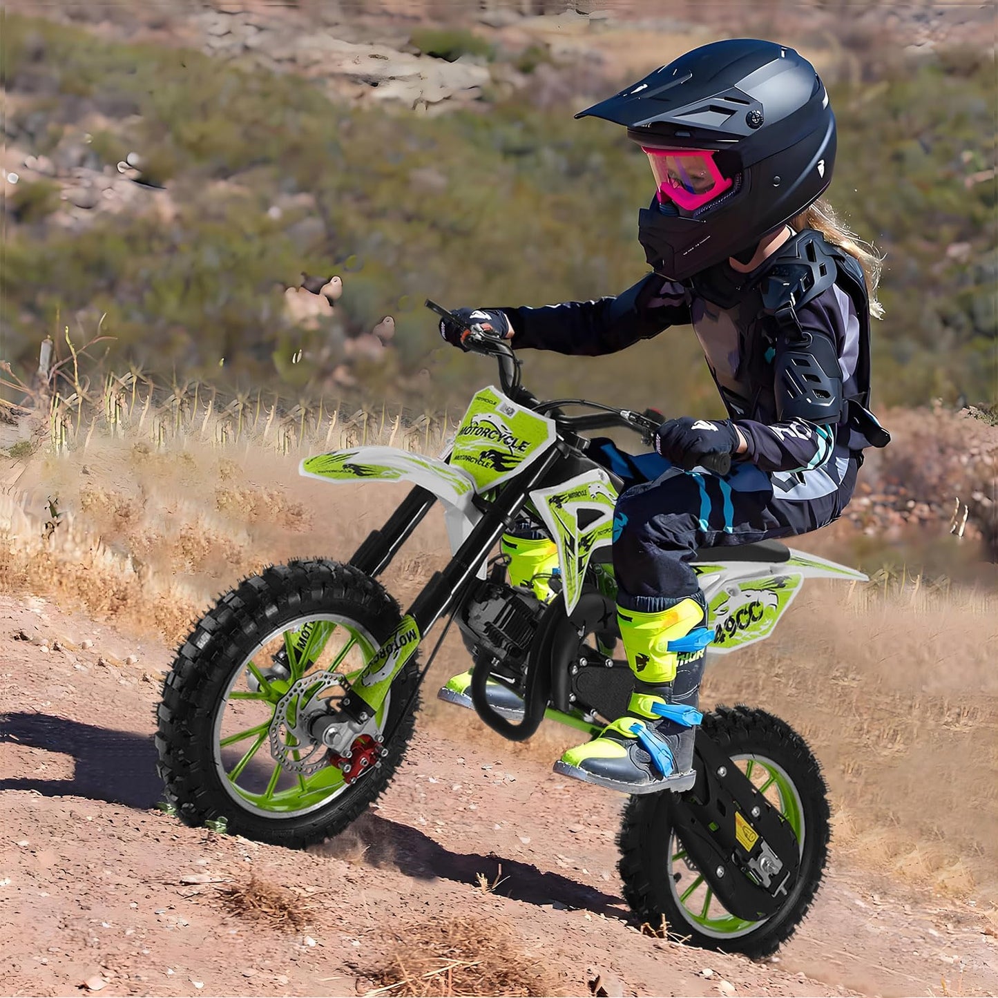 Upgraded 49cc Dirt Bike for Kids, Dirt Bikes 2-Stroke Dirtbike Dirtbikes motos, Gas Motorcycles with Front Rear Disc Brakes, Off-Road Tires, Shock Absorption, Soft Seat Cushion,40 MPH Green