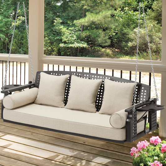 Yalissey 3 Seat Hanging Porch Swing, Patio Swing Bench with Cup Holders & 3 Back Cushions, Swing Chair with Chains for Deck Garden Backyard,Beige(60-Inch Width)