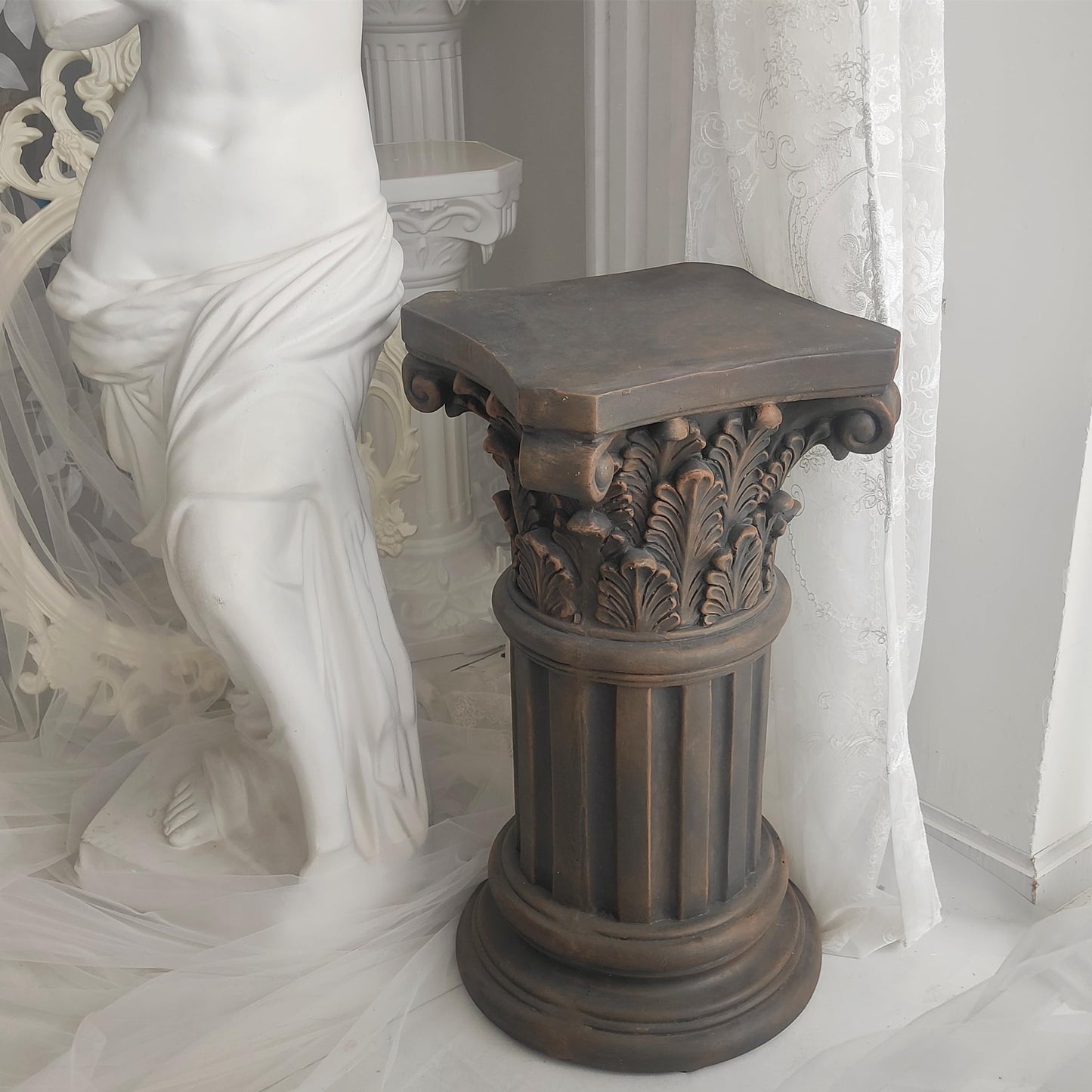 OUTOUR Exquisite Magnesium Oxide Corinthian Greek Column Pillar with Stand Base Pedestal for Indoor Outdoor Garden Pedestals Backyard Courtyard Patio Office Decor23.8’’High,Dark Bronze