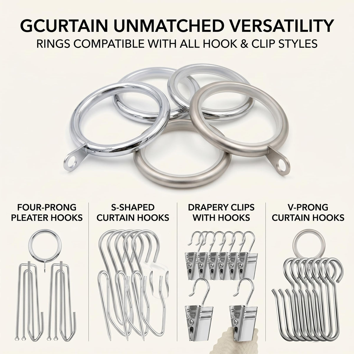 GCurtain Metal Curtain Rings with Eyelets and Nylon Insets, Set of 12, 1.18 Inch Inner Diameter Drapery Rings for 3/4" Rods, Quiet & Scratch-Resistant, Premium Duty Curtain Hardware, Brushed Nickel