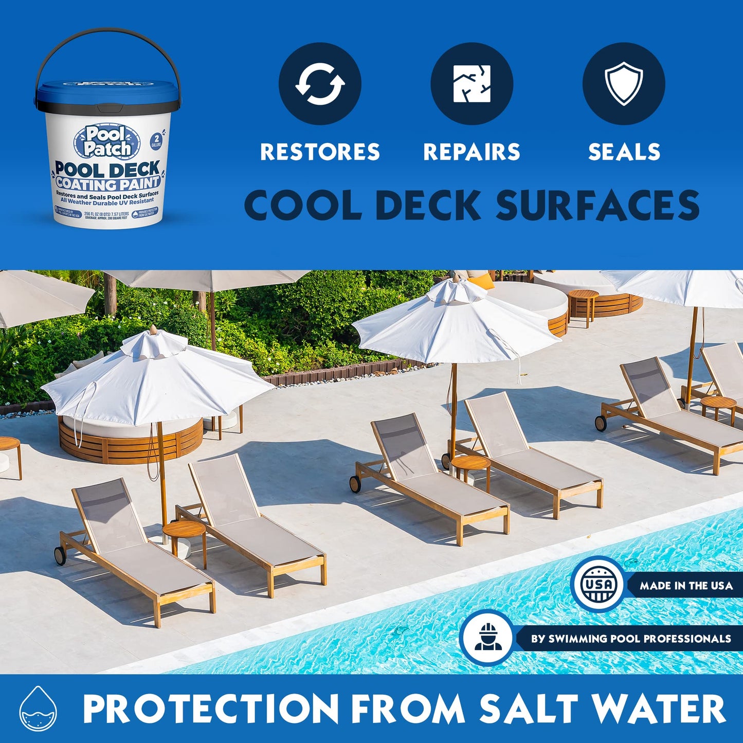 Pool Patch Pool Deck Paint Coating 2 Gallon - UV Resistant Cool Coating for Pool Decks - Roll or Spray Concrete Paint That Restores, Repairs, and Seals Cool Deck Surfaces - Covers 200 SF of Decking