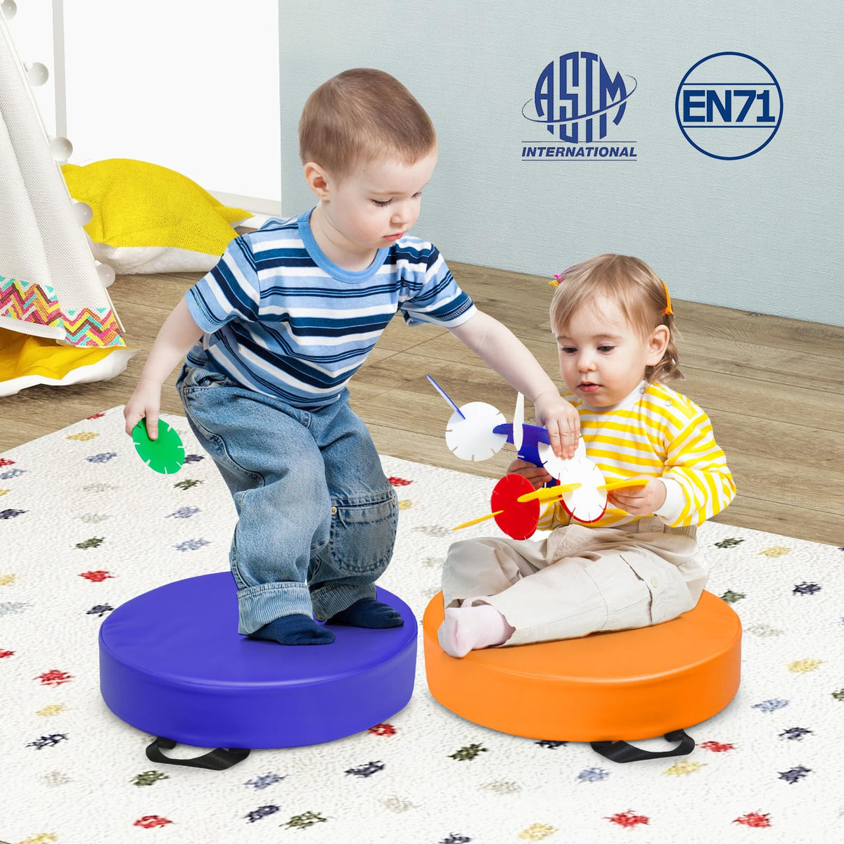 DORTALA 6 PCS Flexible Seating Floor Cushions, PU + EPE Portable Classroom Cushion w/Handles, Stackable Seating Cushions for Classroom, Daycare, Preschool (Rainbow, Round)