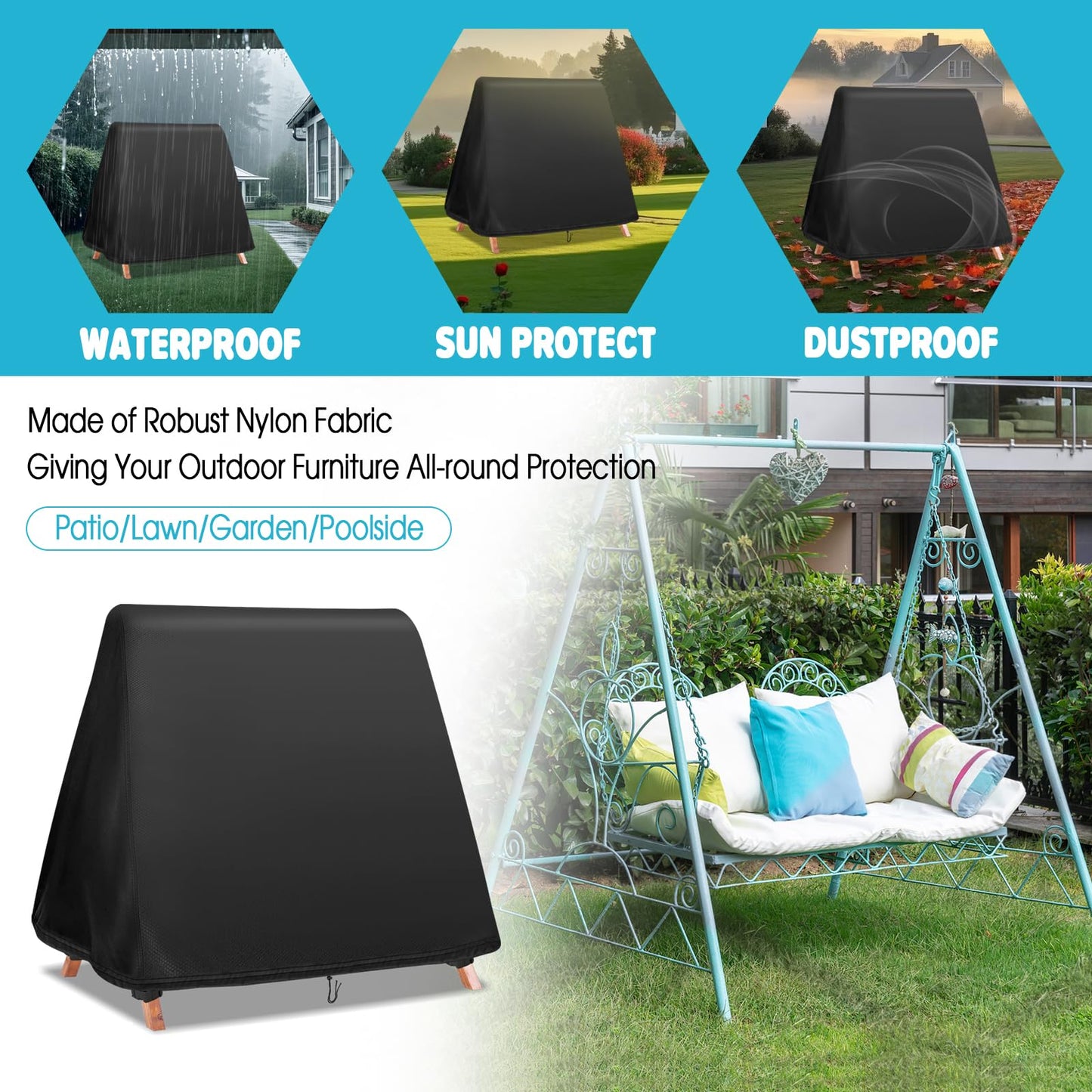 Fizentia Swing Cover,Waterproof 72 Inch Covers for A Frame Patio Porch Swings,Outdoor Glider Hammock Swing-Covers Windproof and Sun Protect with Drawstring and Buckles (Only-Cover)