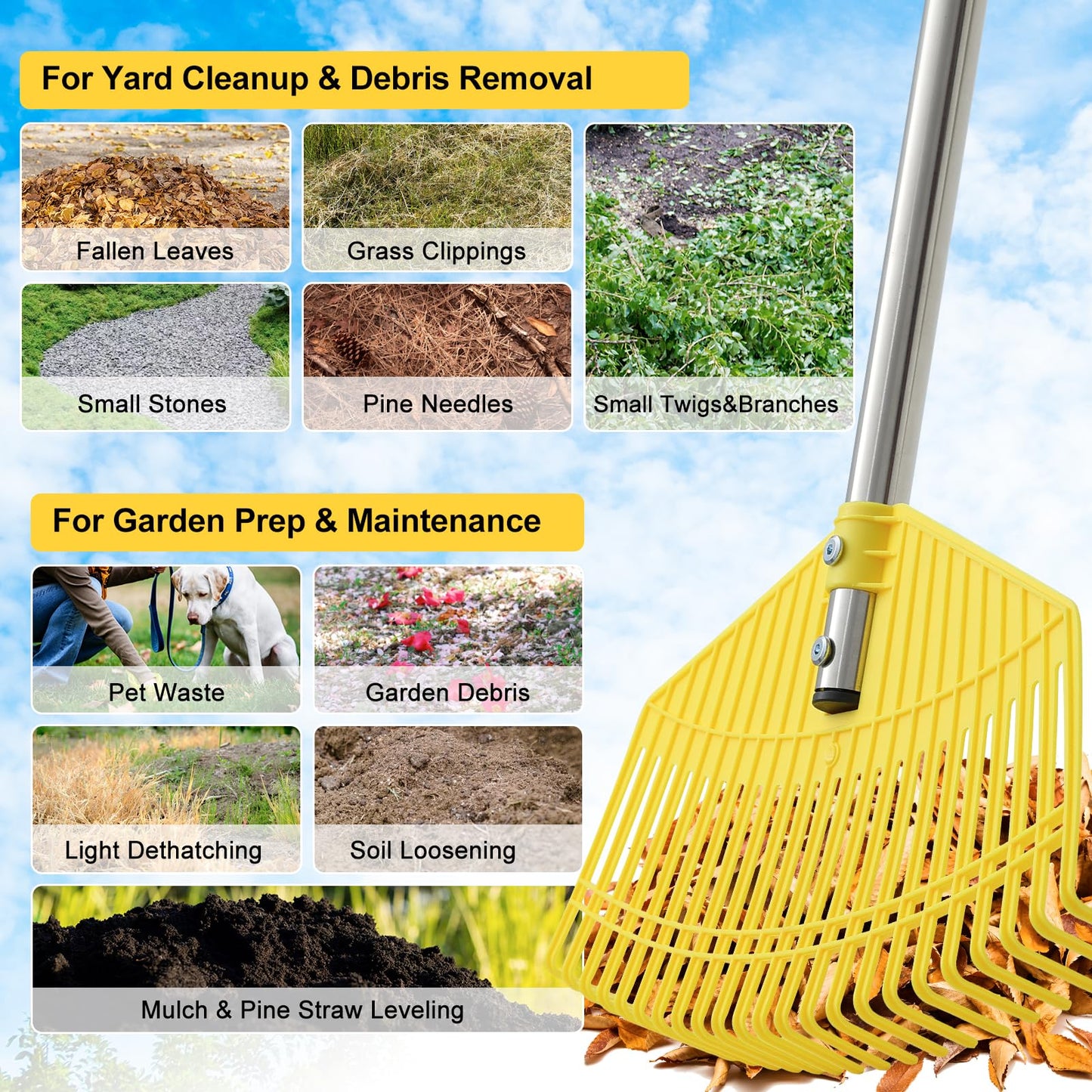 Plastic Leaf Rake for Lawns - Lightweight & Anti-Break Nylon Head, 16.5'' Wide Yard & Garden Rake for Leaves, Grass, Pine Needles, Adjustable Long Handle Easy Use for Women,Seniors,Kids