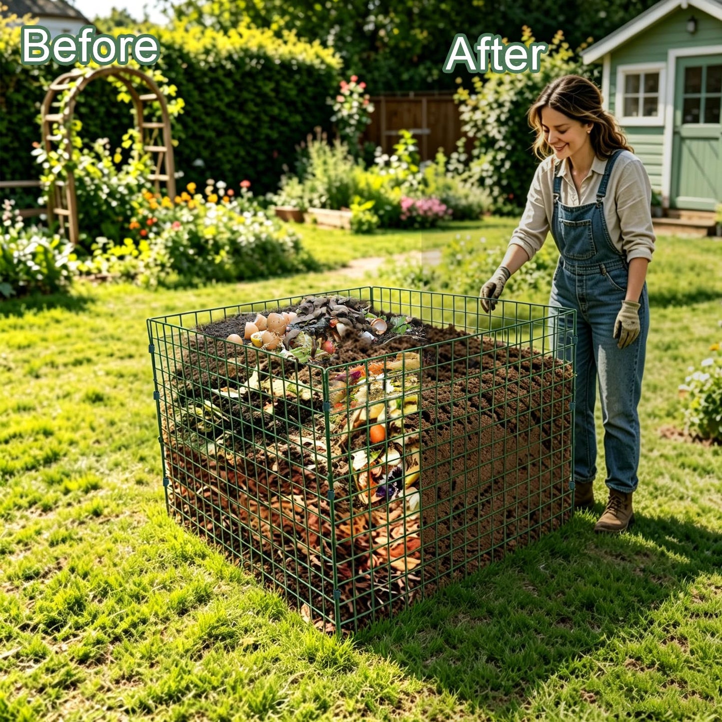 Large Compost Bin Outdoor, Square Mesh Garden Wire Compost Bin for Stacking Leaves and Yard Waste Green 36X36X28 Inches