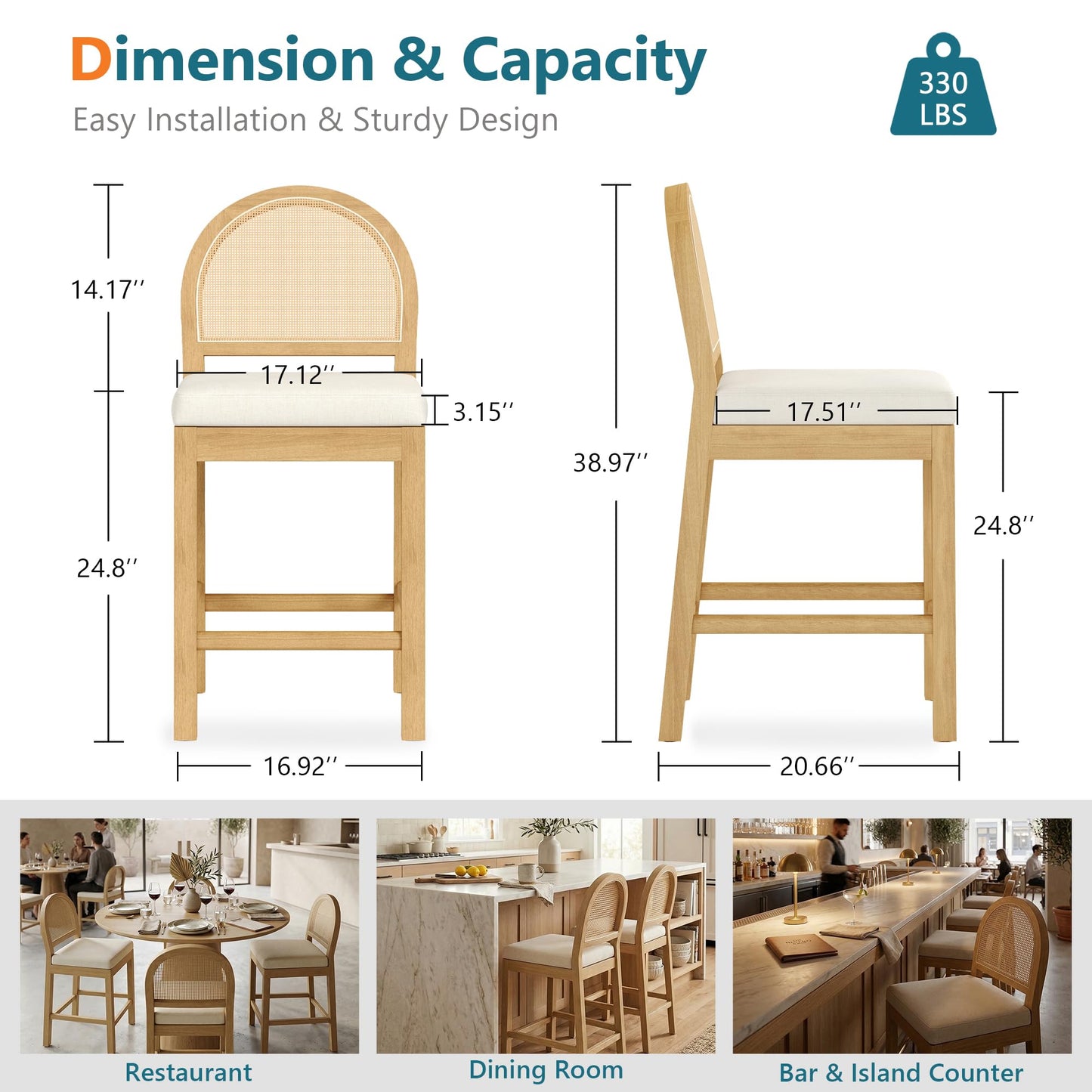 STHOUYN Upholstered Rattan Bar Stools Set of 4, Wooden Counter Height Stools with Natural Rattan Woven Back and Chenille Seat, Mid-Century Modern Island Chairs Barstools for Kitchen (4, Cream White)