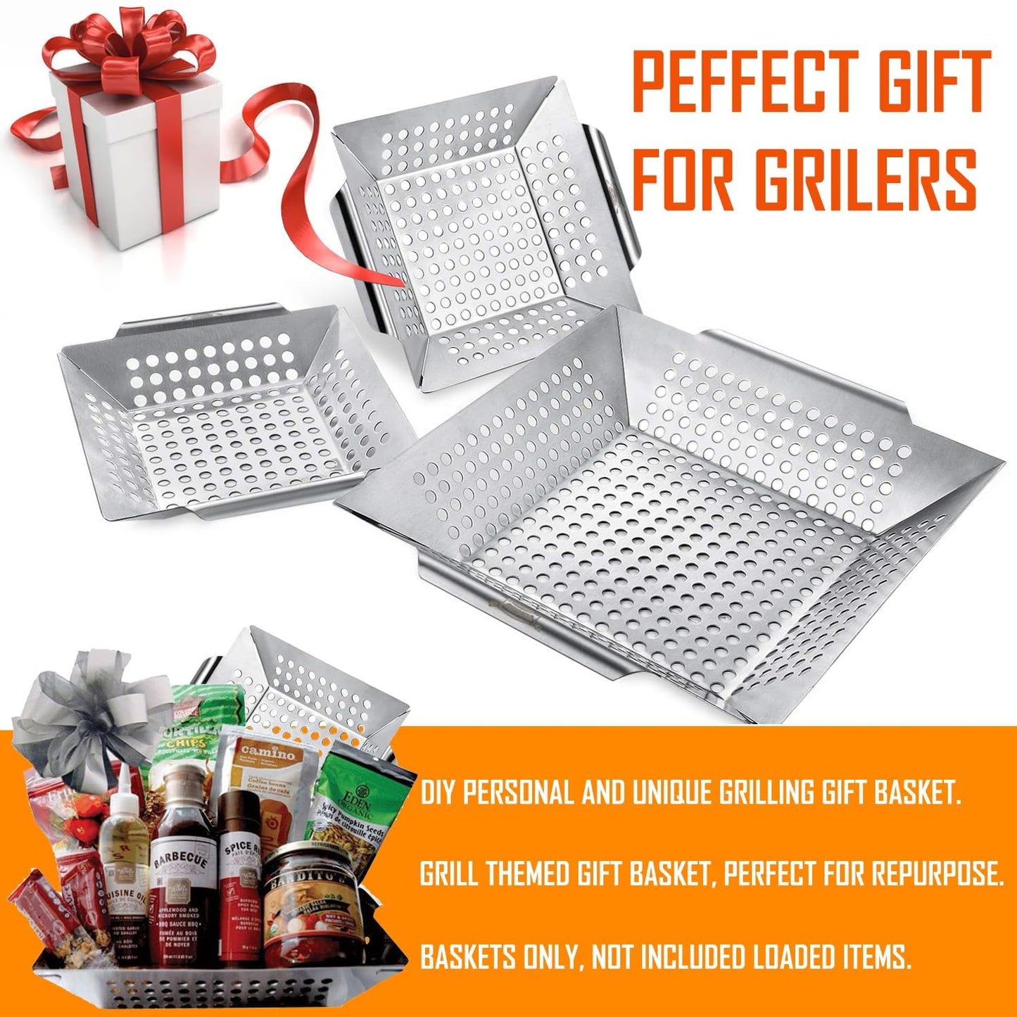 3 Pack Grill Baskets for Outdoor Grill, Heavy Duty Stainless Veggie Pan Set