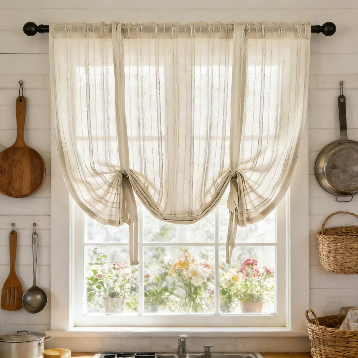 Gxi Beige Striped Sheer Curtain Tie Up Balloon Curtain for Kitchen Bathroom