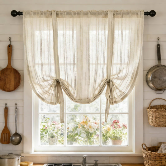 Gxi Beige Striped Sheer Curtain Tie Up Balloon Curtain for Kitchen Bathroom